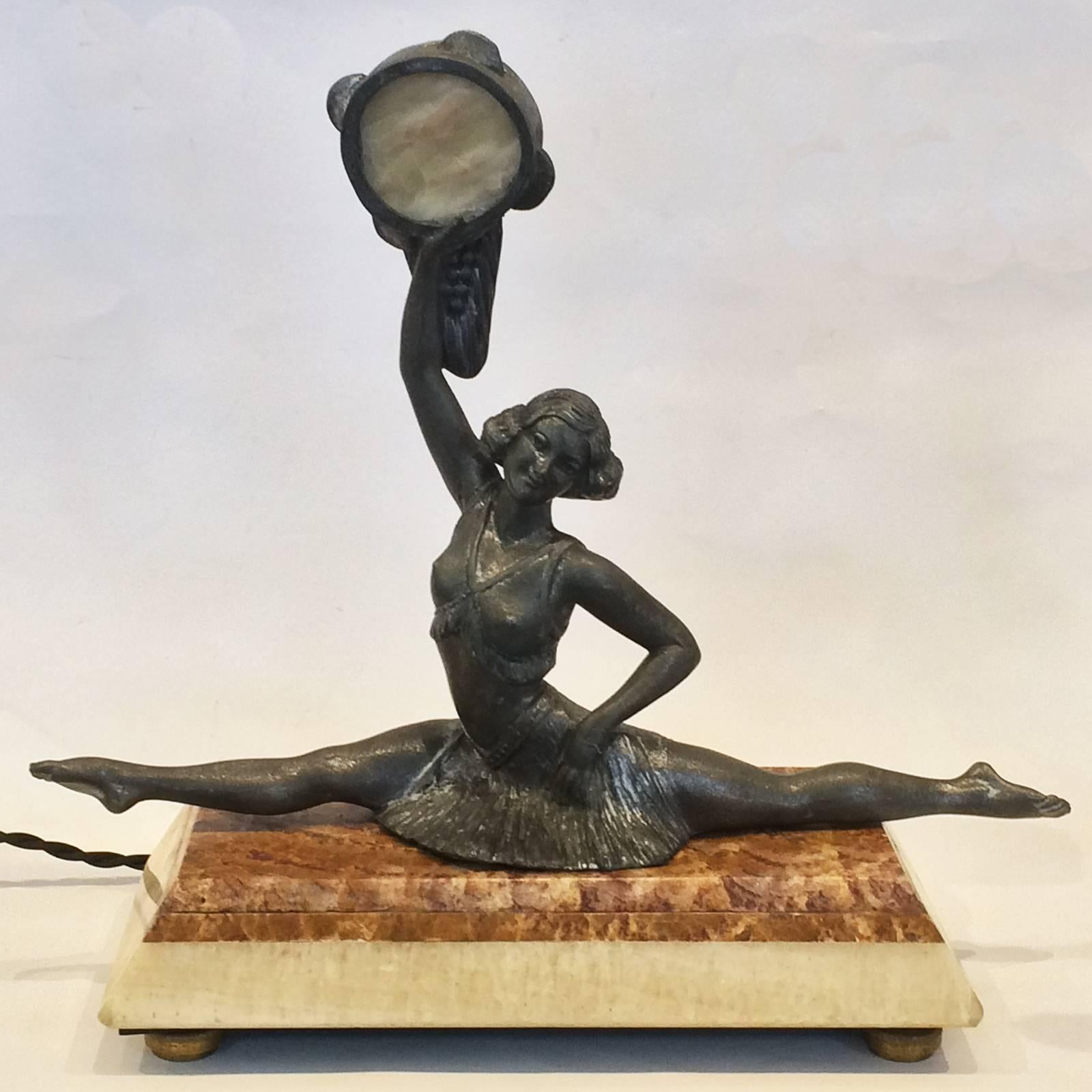 Art Deco lamp, “Tambourine Dancer” by Balleste, France. Rare design and totally original, aged patina, still with the translucent Alabaster disc within the Tambourine. Finely detailed, Font d' Arte Statue, on an Alabaster and Marble base with 4,