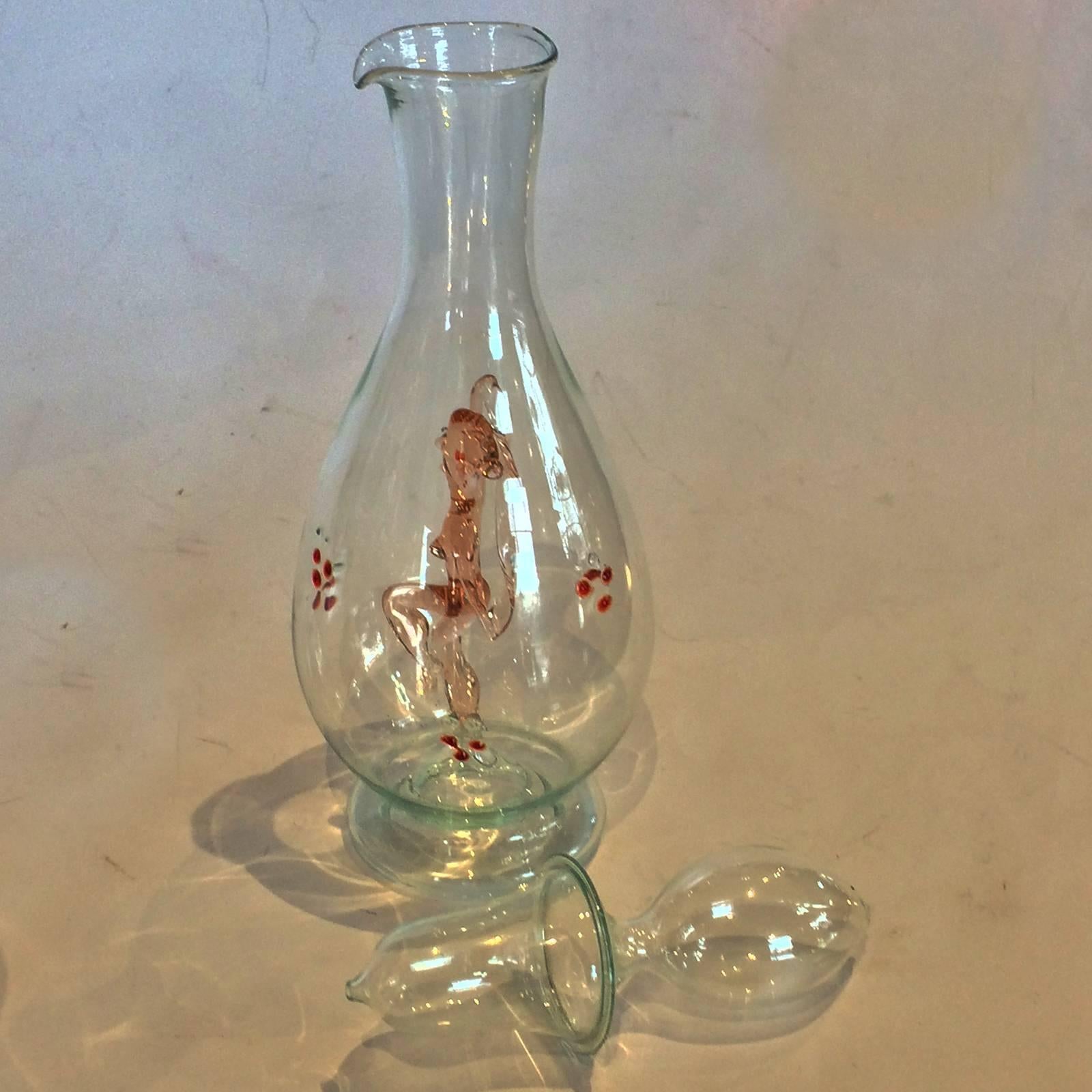 Art Deco Lauscha Bimini Werkstatte Decanter set. “Batchelor” set, featuring flask, stopper and pair set of goblets. Each of these amazing glass sets are individually made and no two sets are ever the same. This set is in the clear glass with the