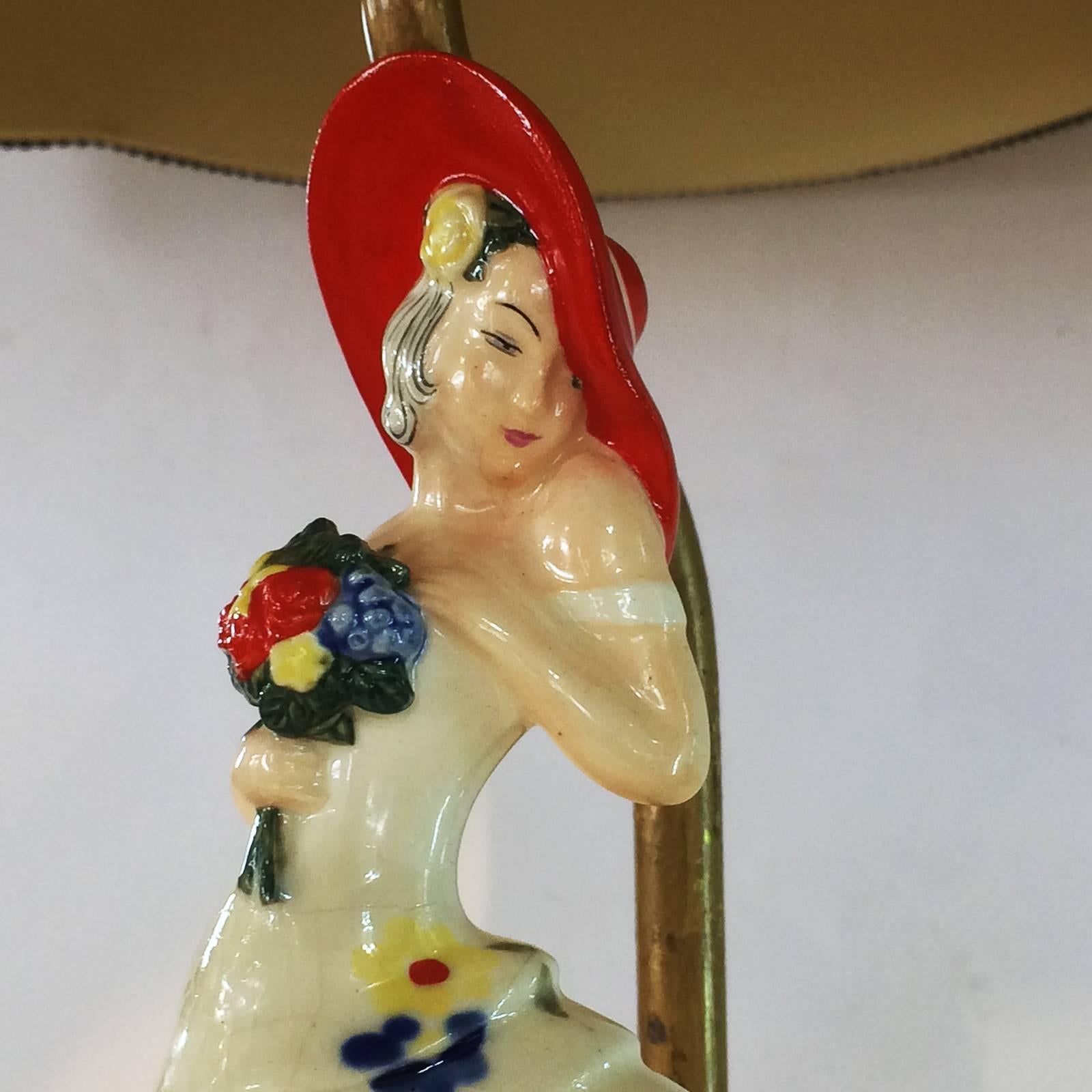Art Deco Goldscheider lamp with porcelain lady in fine detail, on ormolu base, stepped with scalloped sides and intricate filigree decoration. All in excellent condition and re-wired and earthed to Australian standards. No damage or losses; easily