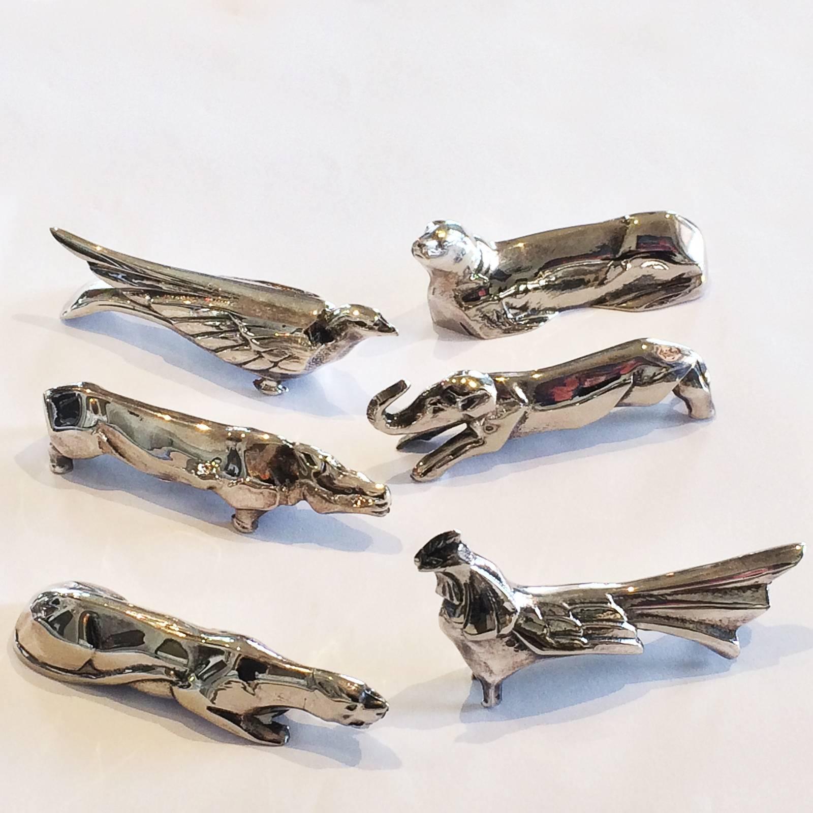 Art Deco, six French knife rests by Benjamin Rabier, with theme of, “Animals of France and French Colonies or Republics”. This is an amazing set, all in perfect condition, finished in nickel silver, with no damage, repairs or losses, France, circa