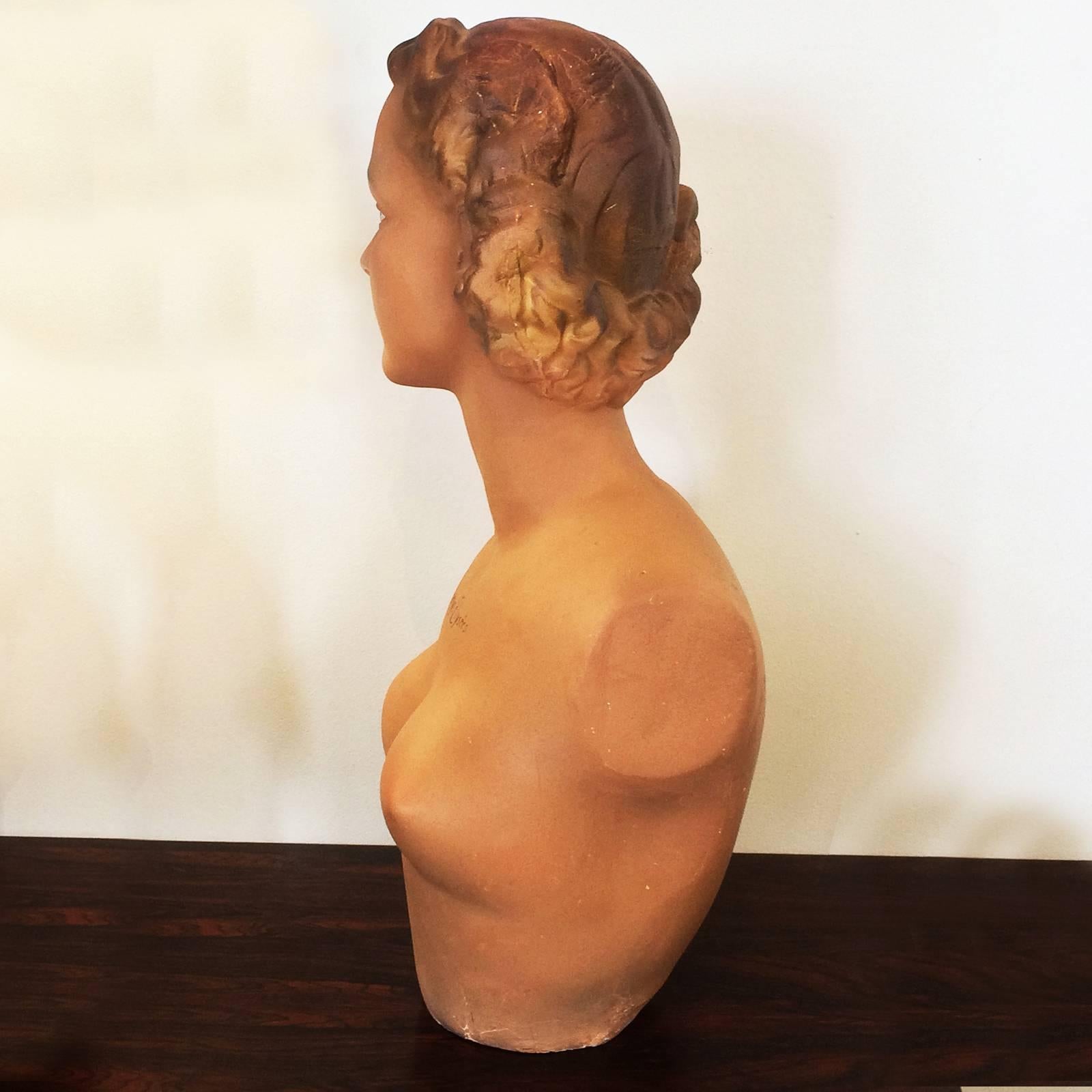 Mid-Century Display or Advertising Mannequin by Magasin, France. Champs Elyse's, French Bust looking slightly Right. Incredibly lifelike, finely detailed, with black print ink: “Champs Elysee'” over “Paris” to front, just below neckline, with head