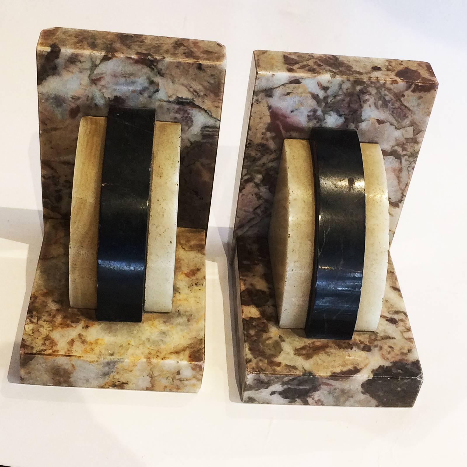Mid-20th Century Art Deco Marble and Onyx French Bookends