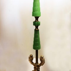 Art Nouveau Jadeite Glass and Irridescent Pulled Feather Shade Bridge Floor Lamp