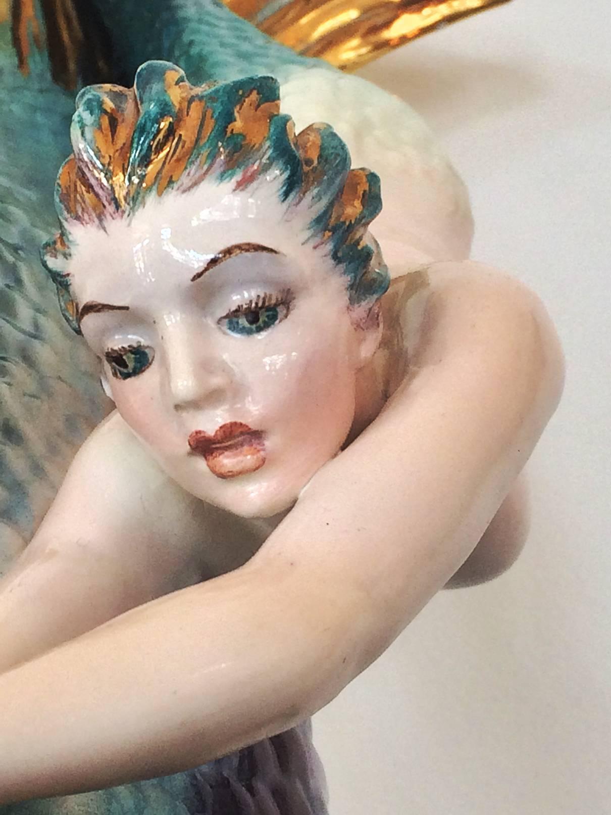 Art Deco Statue of a Mermaid Swimming with Fish, “Merbabe”. By Victor Bertolotti, Ex Lenci Artist, produced during the 1940’s, Company of Rising Sun of Italy. Amazing detail and great colours capturing the underwater “feel” of water. A rare and