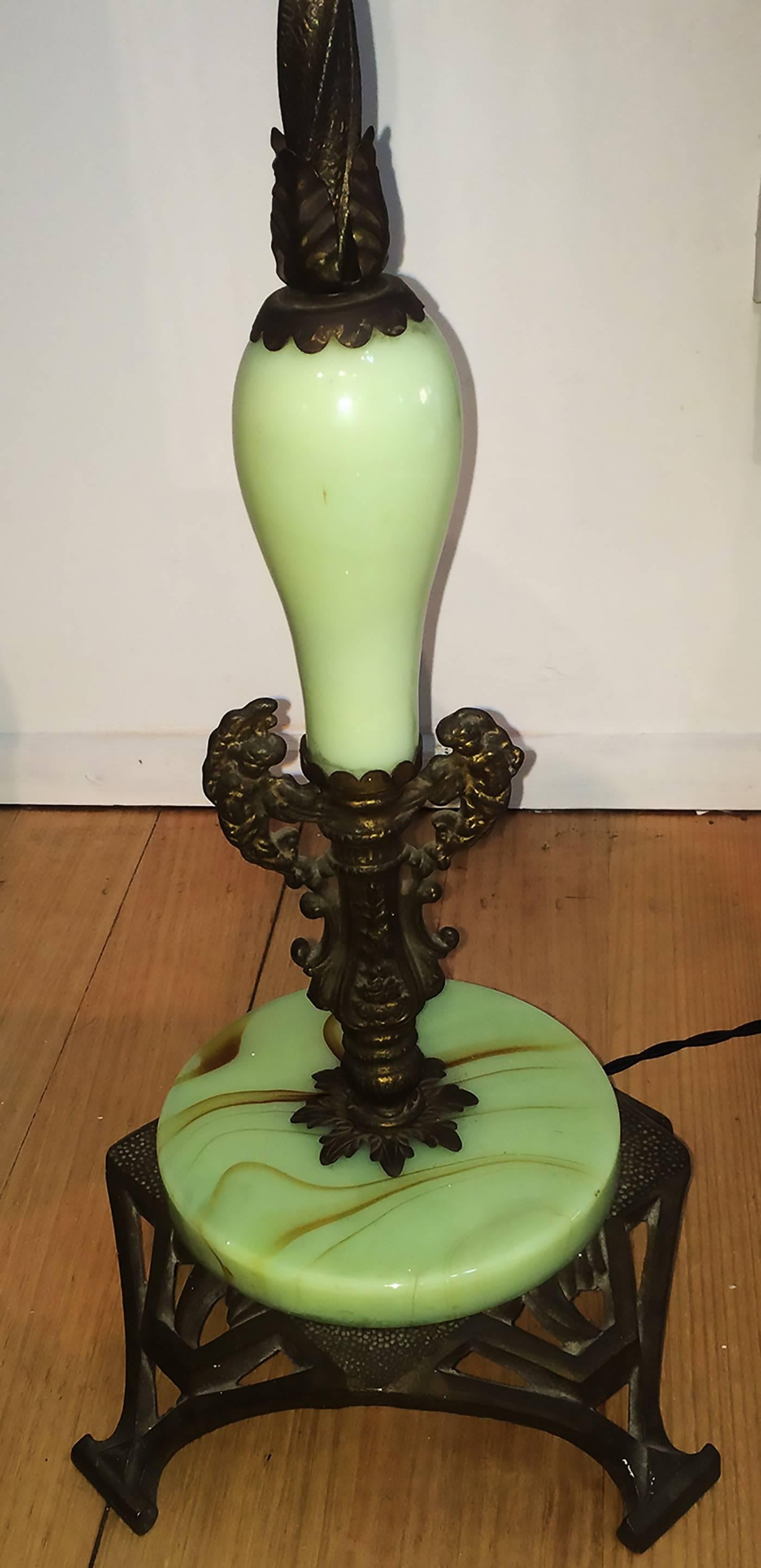 Early 20th Century Art Nouveau American Bridge Floor Lamp with Jadeite Glass