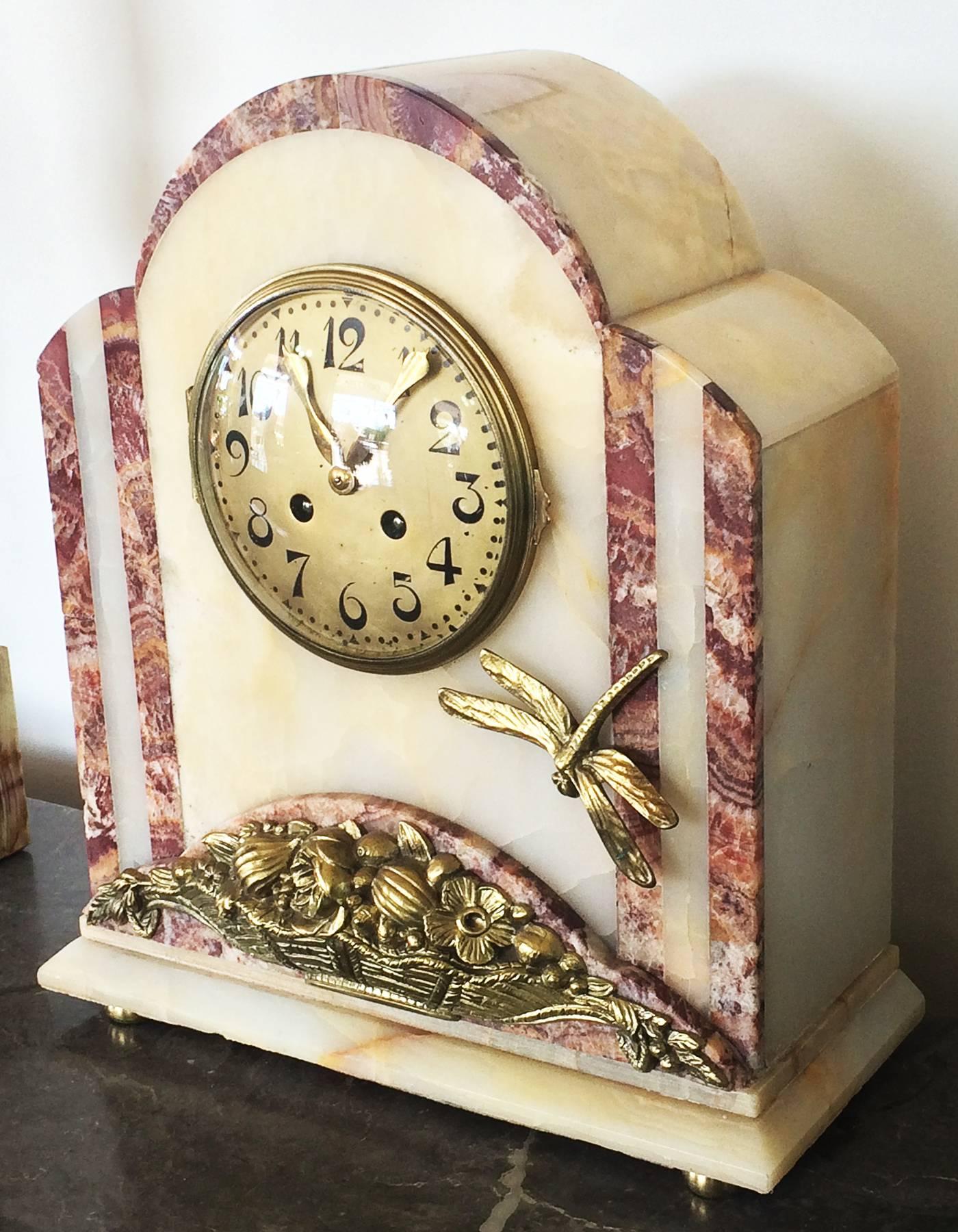 Early 20th Century French Art Deco Bronze and Marble Clock with Dragonfly