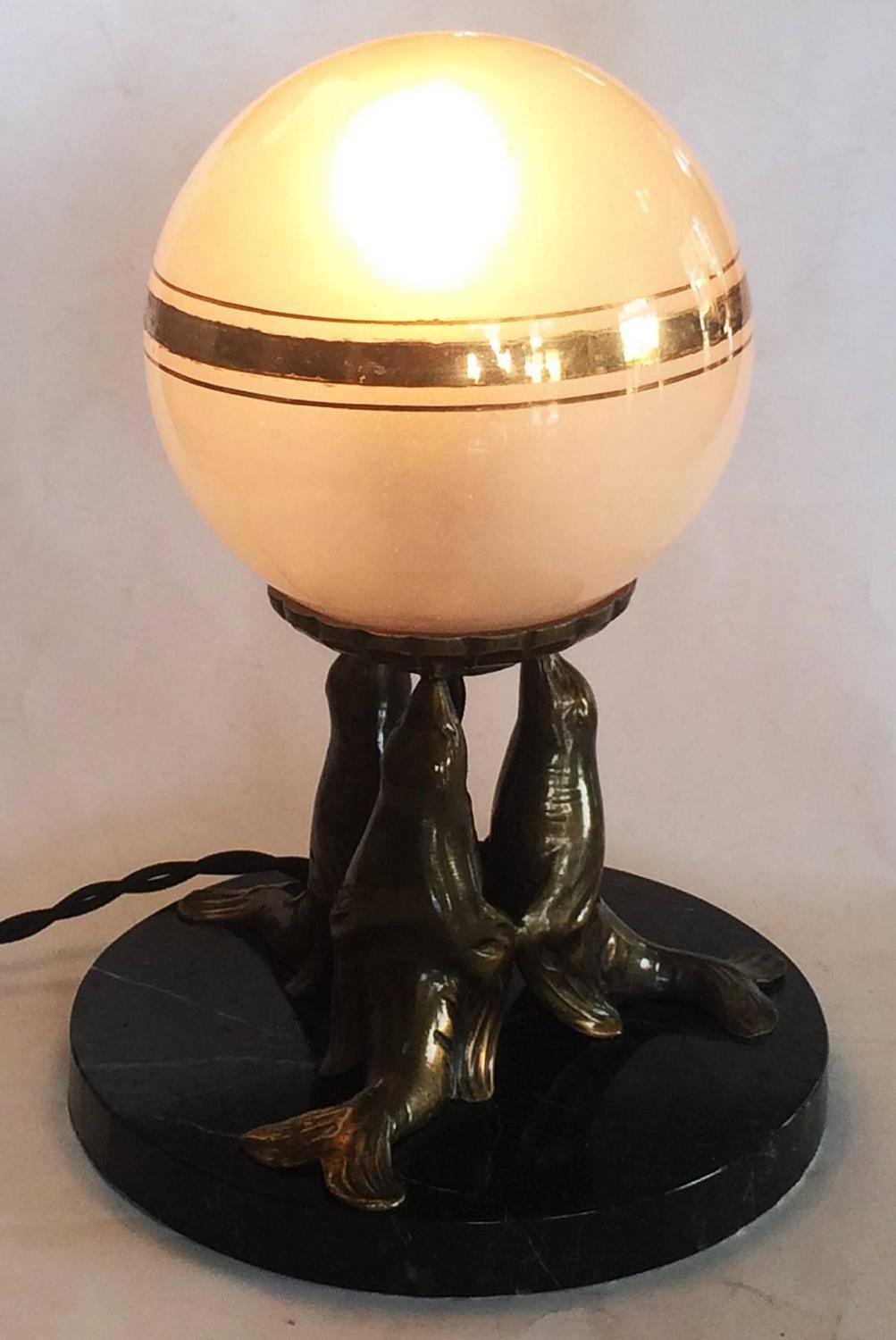 Art Deco Bronze Seal Lamp with Saturn Shade Probably by Louis Carvin at