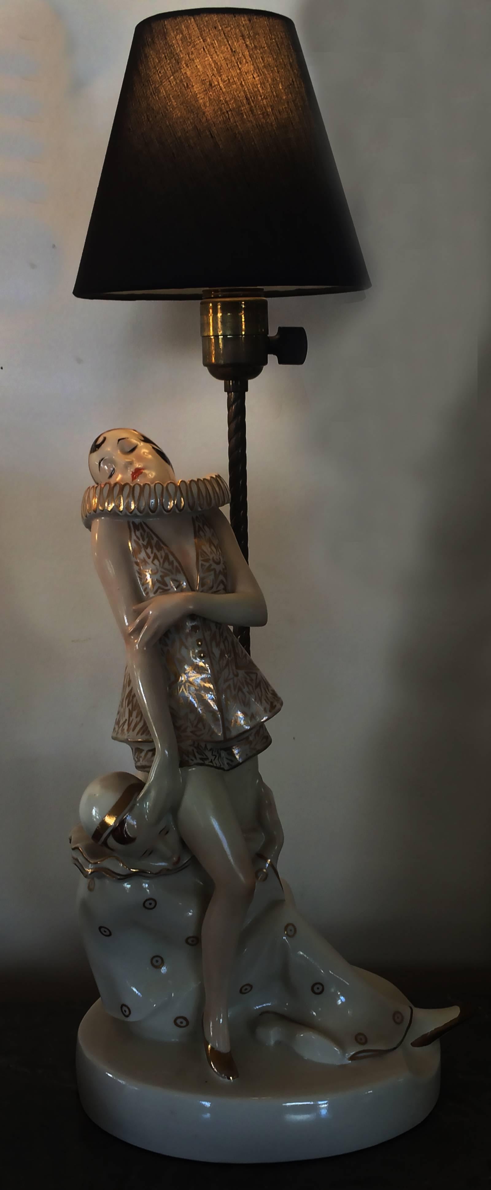 German Art Deco Pierrot and Columbine Lamp by Schwarzburger