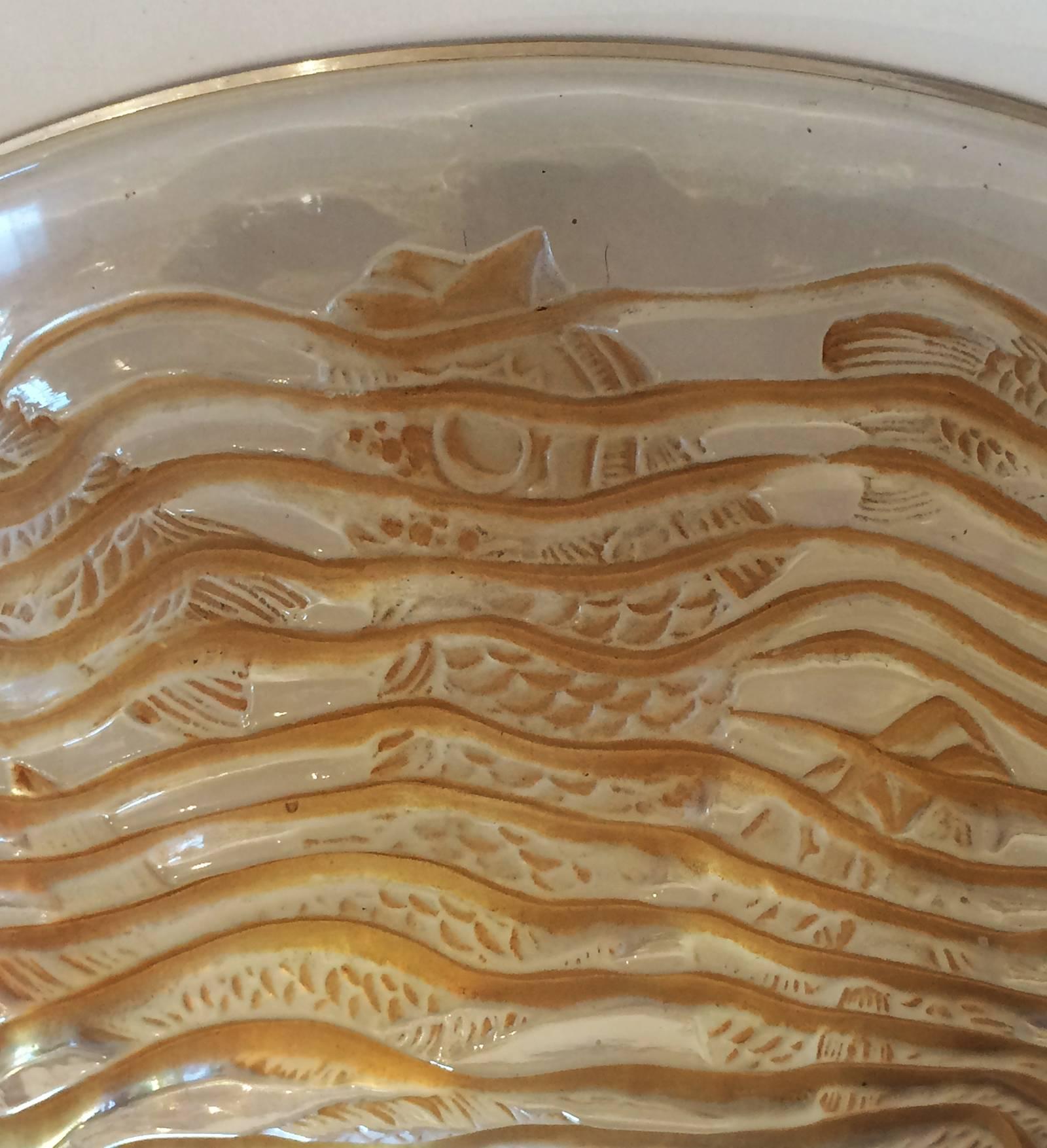 Mid-20th Century French R. Lalique Heavily Gold Washed Opalescent Bowl Dauphins