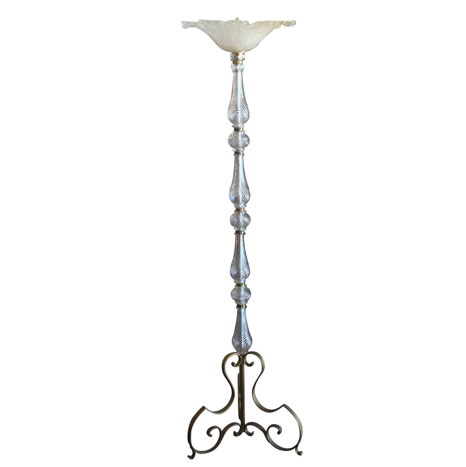 Rare, art deco French, Murano standard floor lamp. Spectacular snow and crystallised stripes Murano shade, above varies, geometric, swirled shaped glass supports surrounding bronzed/gilt tube, with intricate curled satin gilt, three legged,