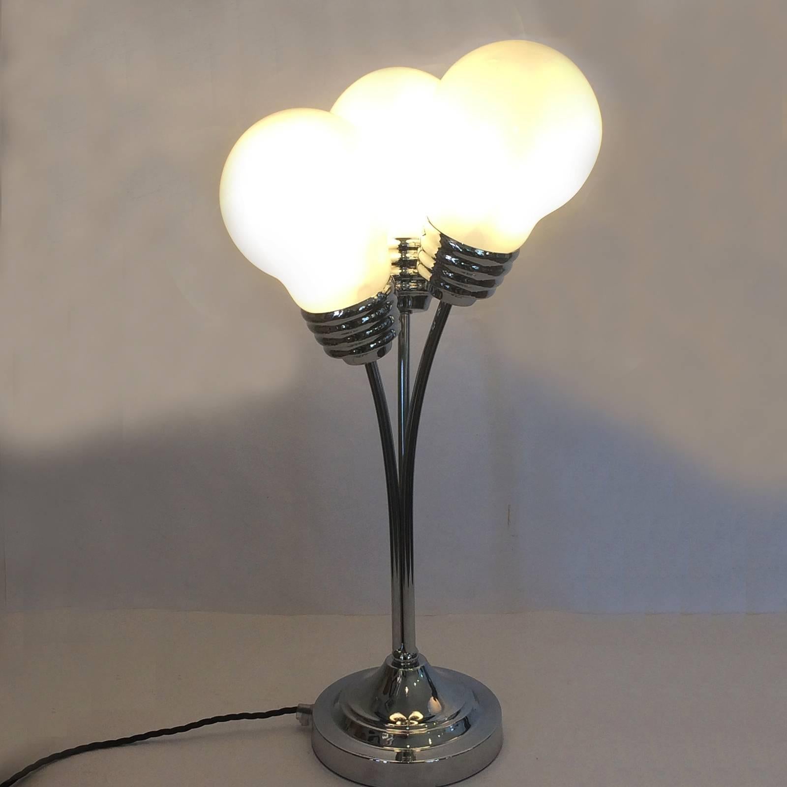 Midcentury chrome lamp as cluster of three large Edison screw globes. Perfect condition, as new with no damage or losses. Totally re-wired with in-line Di-pole safety switch; easily converted to USA / UK or European use by simply changing the plug