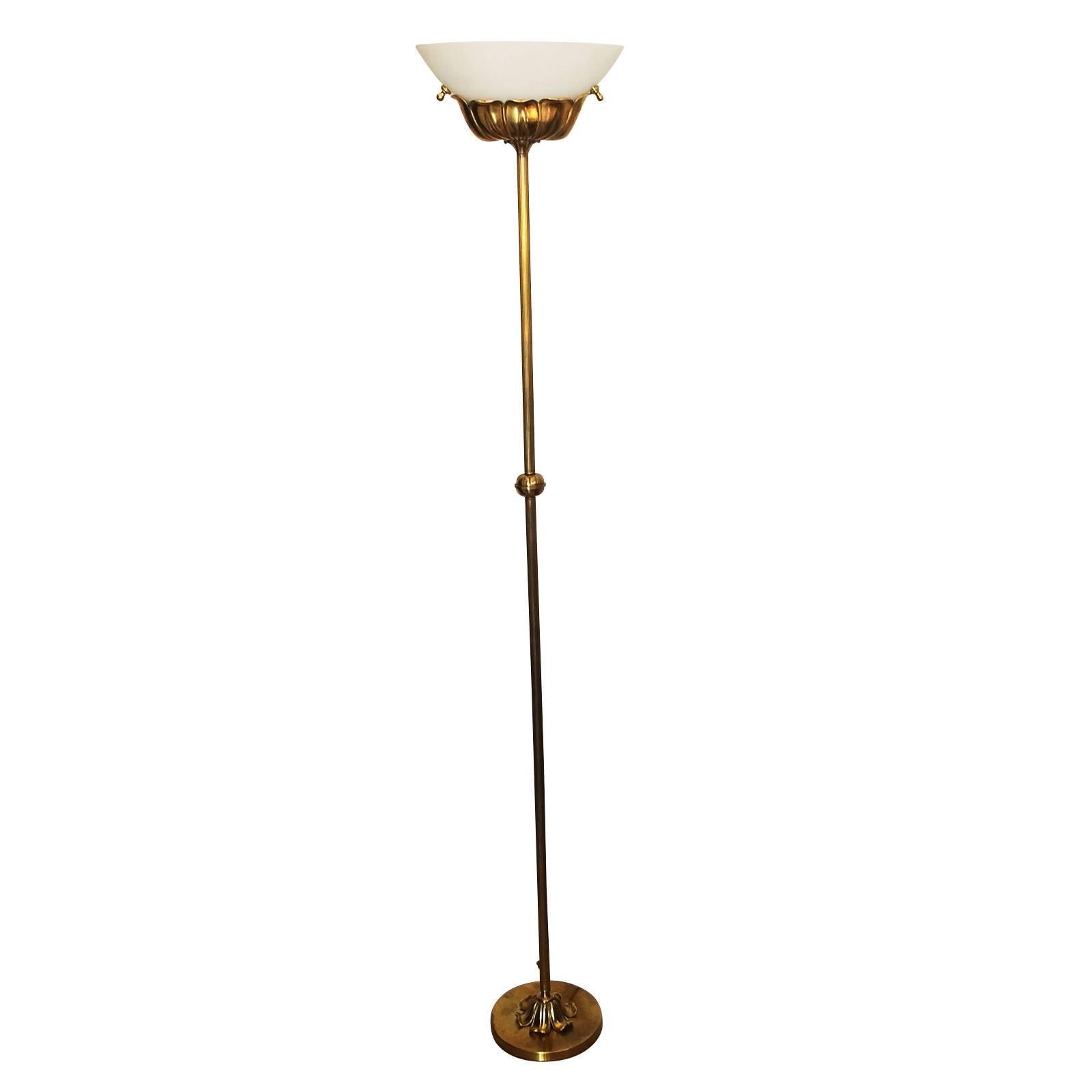 Midcentury Floor Standing Lamp, by Maison Lucien Gau, who have been making lamps in Paris since 1860. They are listed in France as a Living Treasure Company. This one is generally all gilt on bronze, amazing with a fluted tube rising upward from a