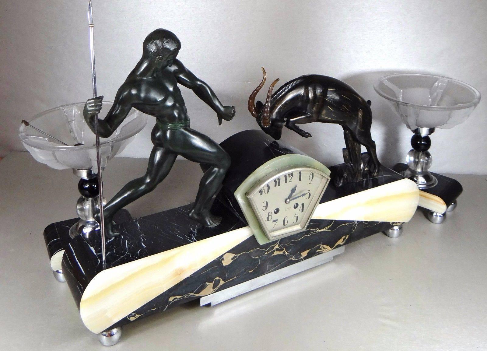 Early 20th Century Rare Art Deco Three-Piece Clock Set by Salvator Riolo