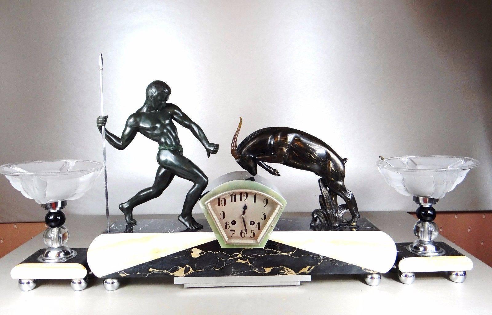 French Rare Art Deco Three-Piece Clock Set by Salvator Riolo