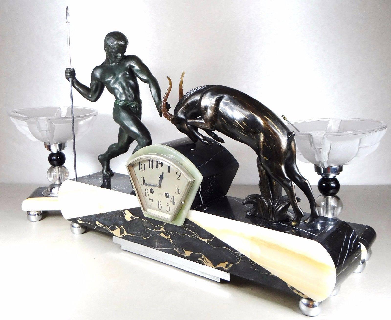 Rare Art Deco Three-Piece Clock Set by Salvator Riolo In Excellent Condition In Daylesford, Victoria