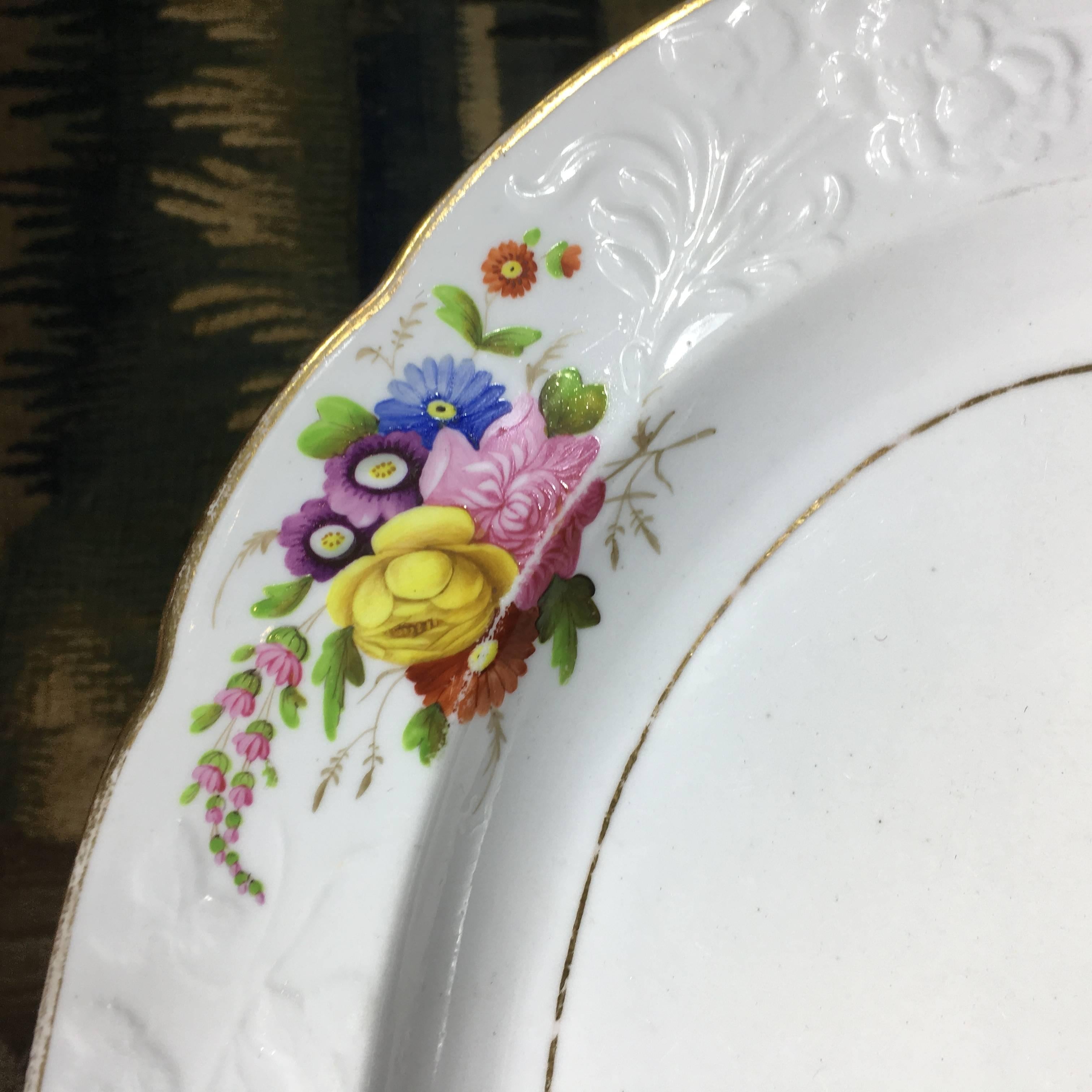 Superb Spode small oval platter with flower moulded border and finely painted flower groups probably by Daniel.
Pattern no 1943
Mark: Spode
circa 1815.