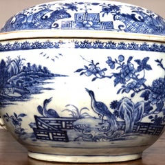 Chinese Export Tureen, Face Handles with Underglaze Blue Landscapes