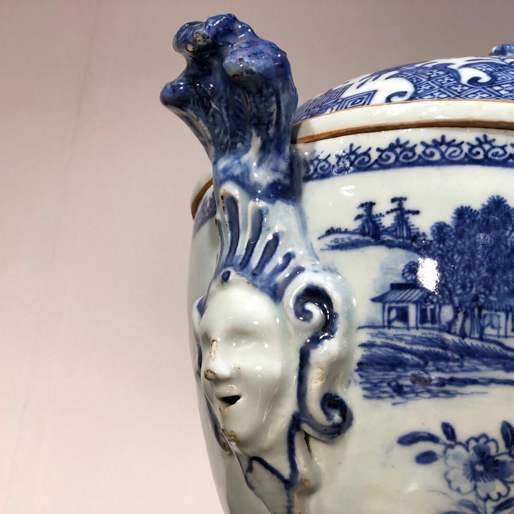 Baroque Chinese Export Tureen, Face Handles with Underglaze Blue Landscapes For Sale