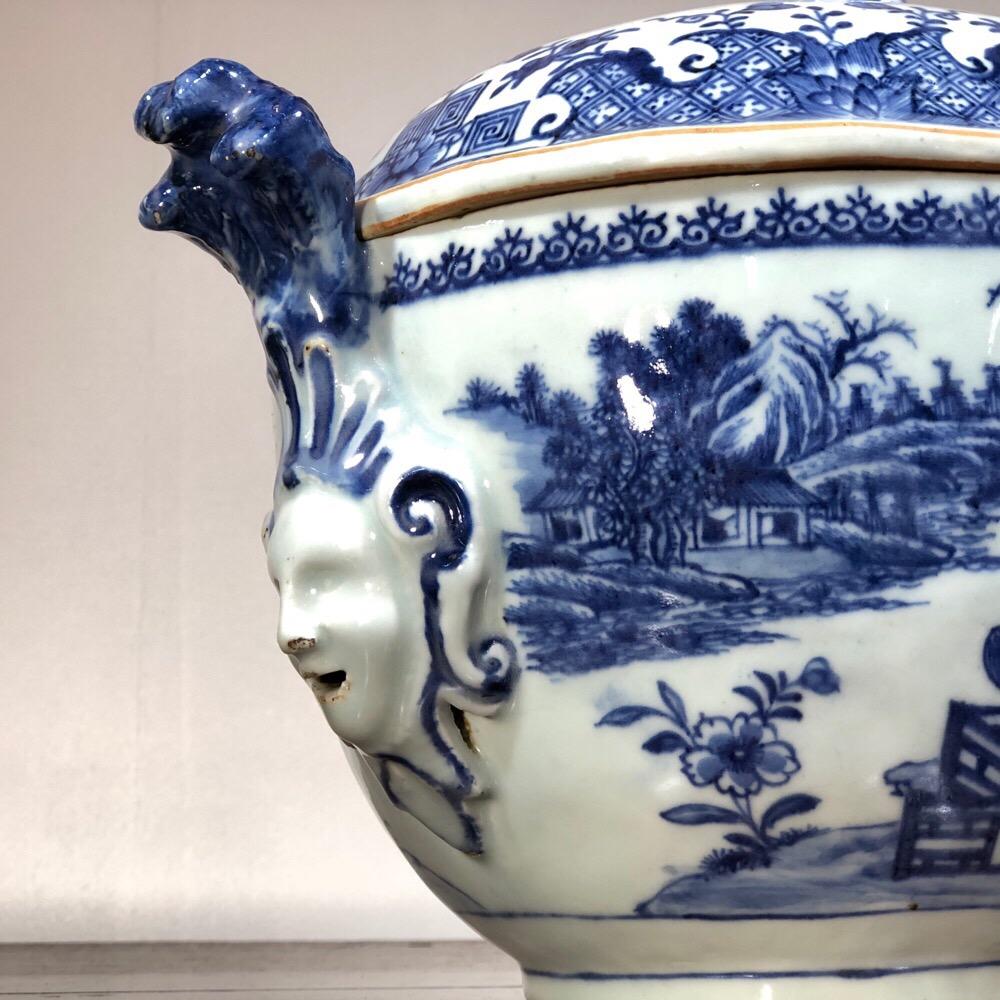 Mid-18th Century Chinese Export Tureen, Face Handles with Underglaze Blue Landscapes For Sale