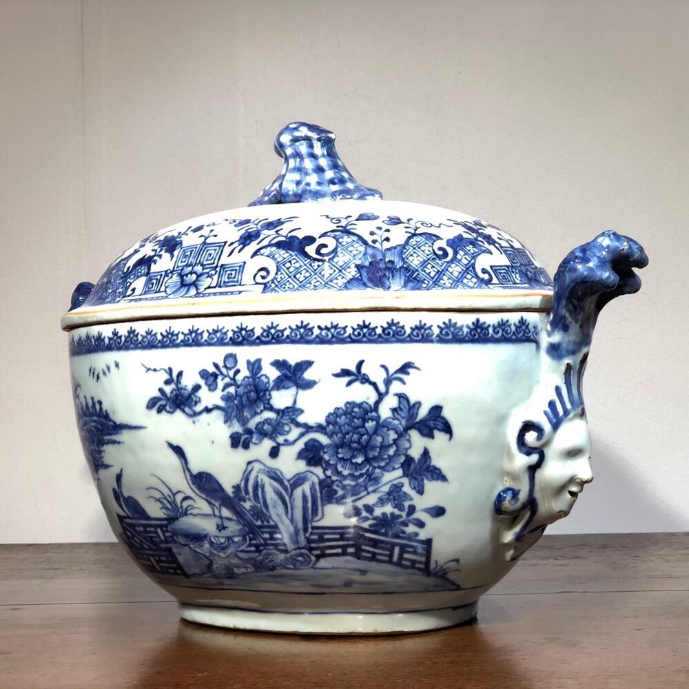 Chinese Export Tureen, Face Handles with Underglaze Blue Landscapes For Sale 2