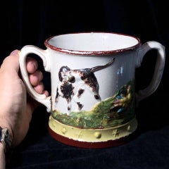 Large Staffordshire Pottery Loving Mug Dog Moulded and Internal Newt, circa 1830