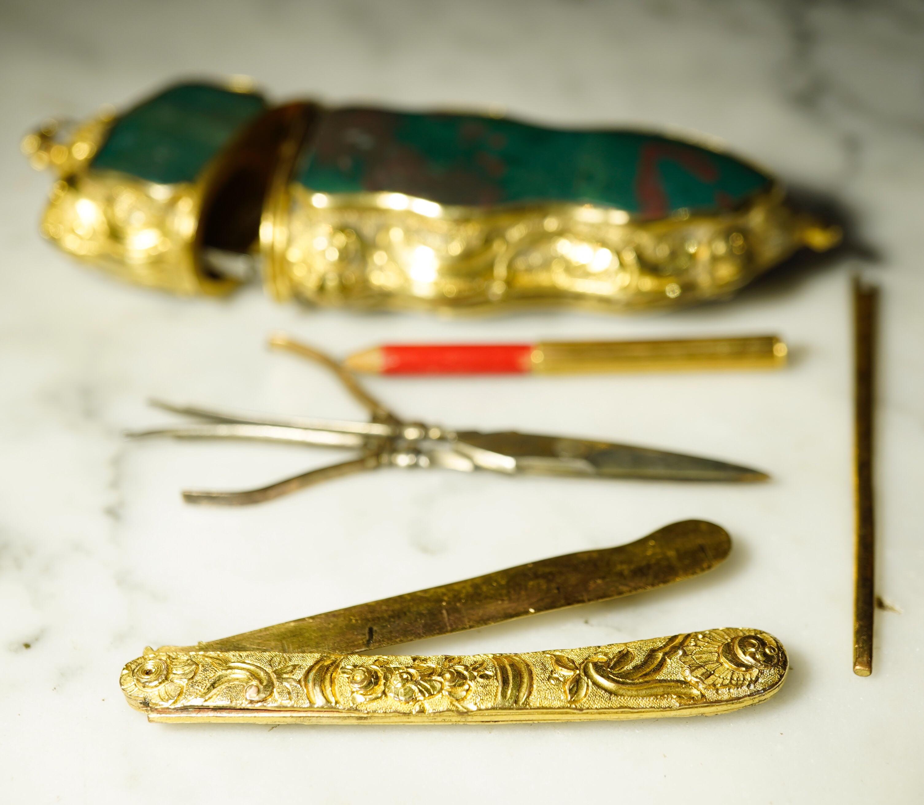 German Etui, Gilt Copper with Bloodstone Sides, Partial Contents, circa 1750 For Sale 2