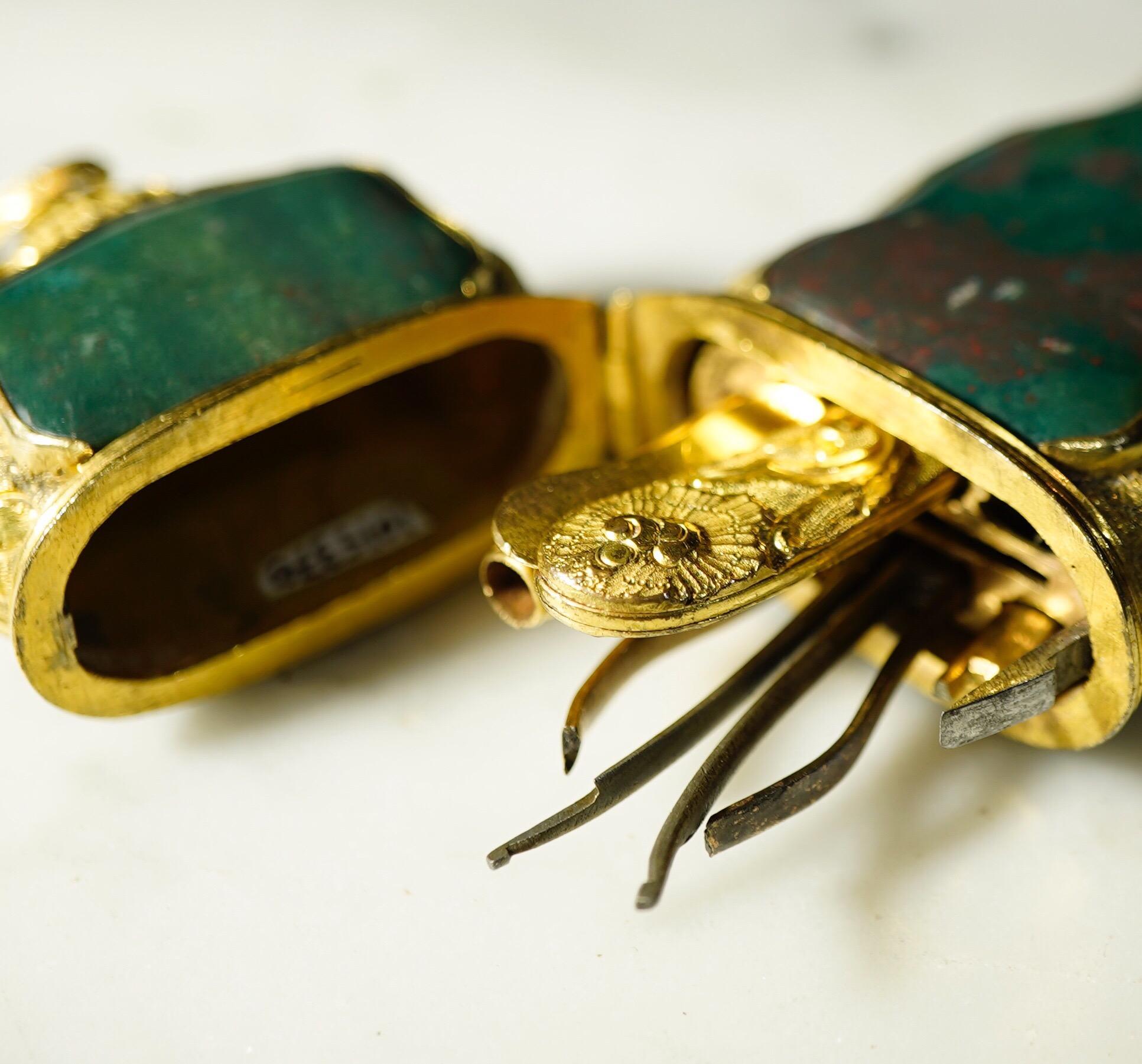 Gold German Etui, Gilt Copper with Bloodstone Sides, Partial Contents, circa 1750 For Sale