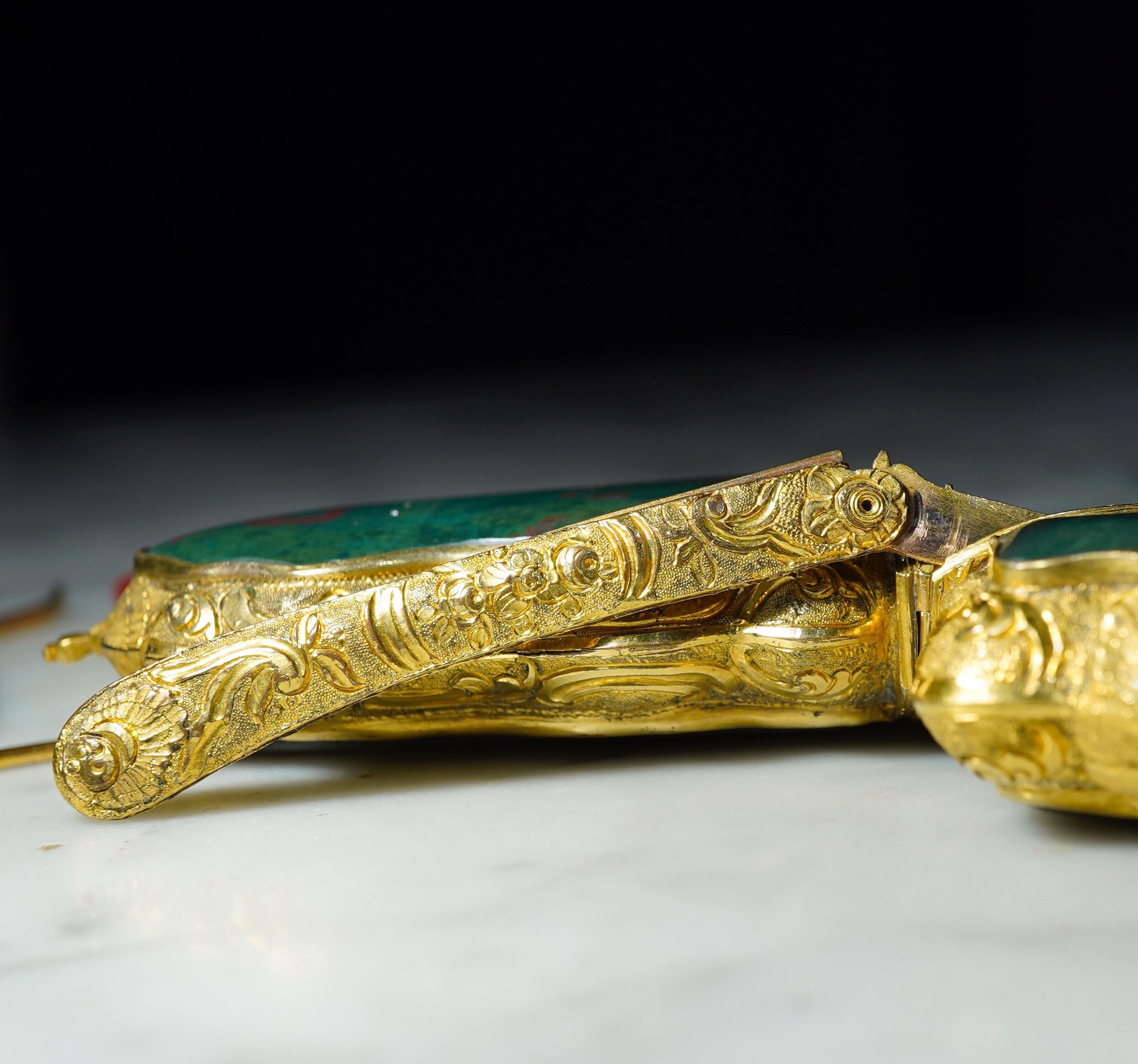 German Etui, Gilt Copper with Bloodstone Sides, Partial Contents, circa 1750 For Sale 7