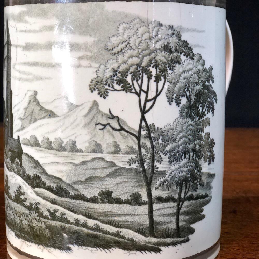 English Large Pearlware Porters Mug, Bat-Print Landscape, Platinum Rim, circa 1800 For Sale