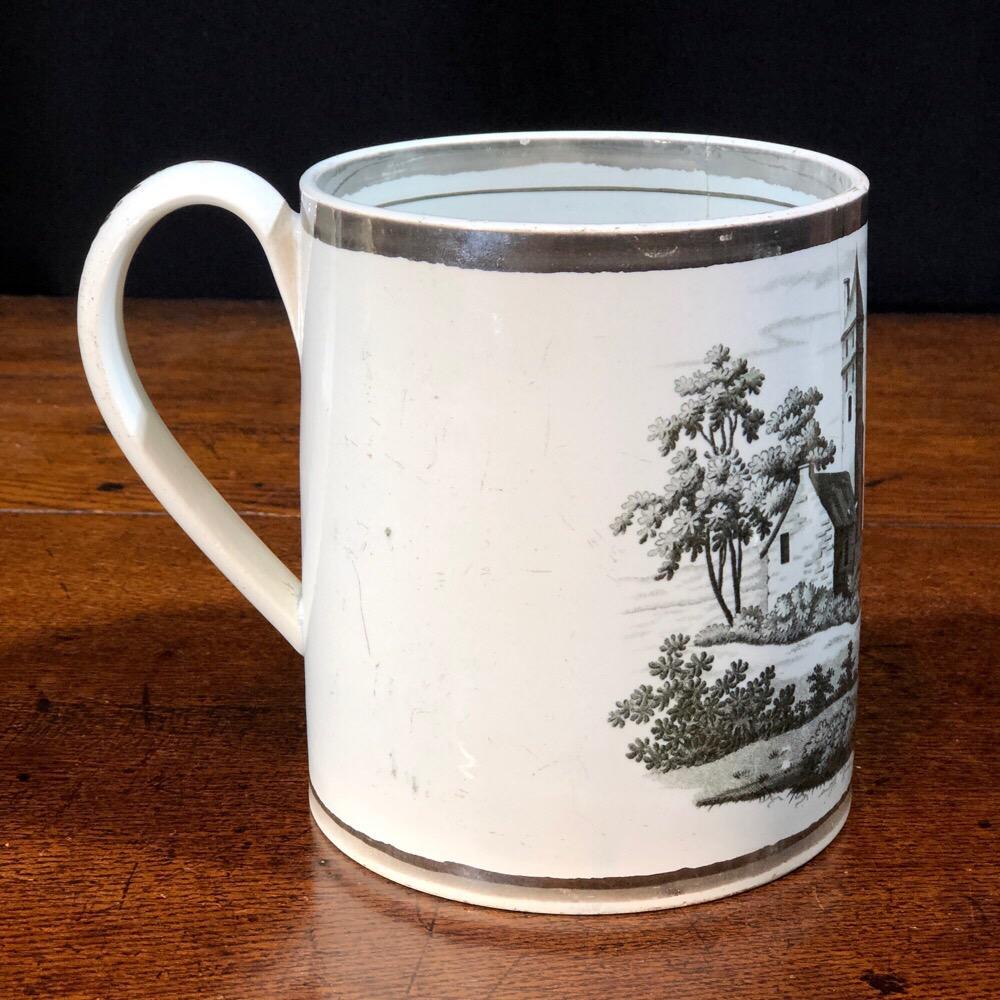 Early 19th Century Large Pearlware Porters Mug, Bat-Print Landscape, Platinum Rim, circa 1800 For Sale