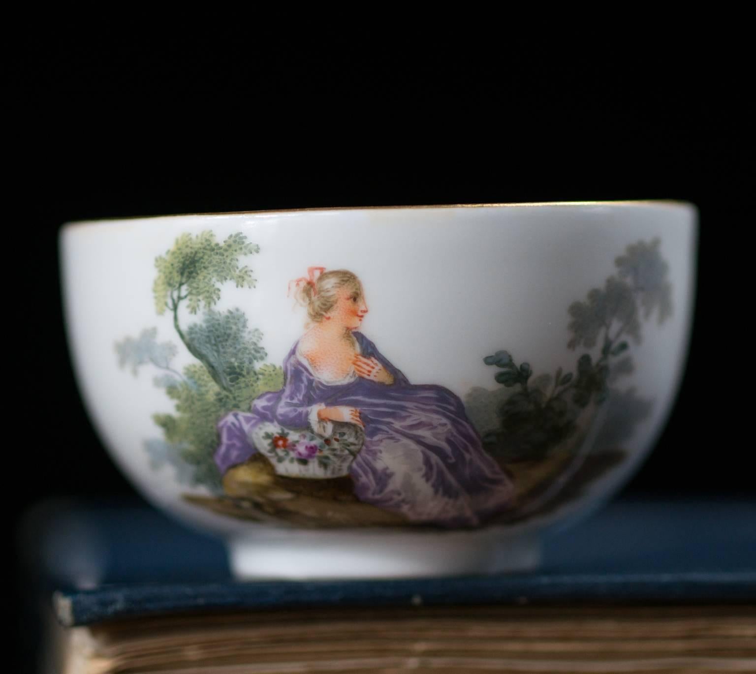 German Meissen Teabowl and Saucer, Watteauesque Scenes, circa 1770 For Sale