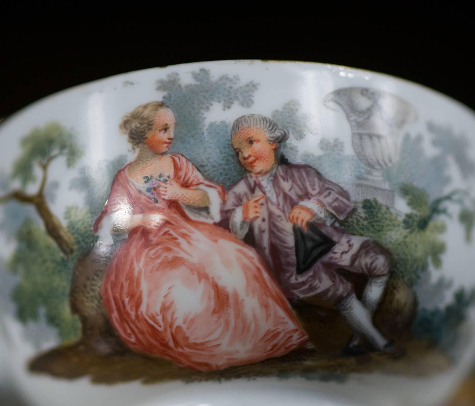 Late 18th Century Meissen Teabowl and Saucer, Watteauesque Scenes, circa 1770 For Sale