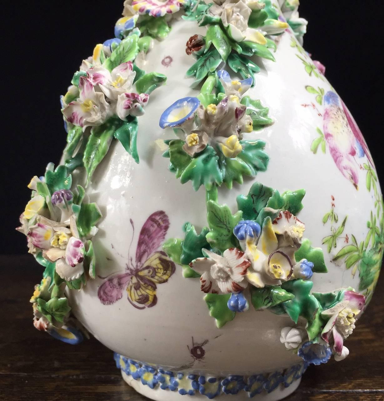 Porcelain Bow Guglet Painted with Exotic Birds, Applied with Flower Swags, circa 1760 For Sale