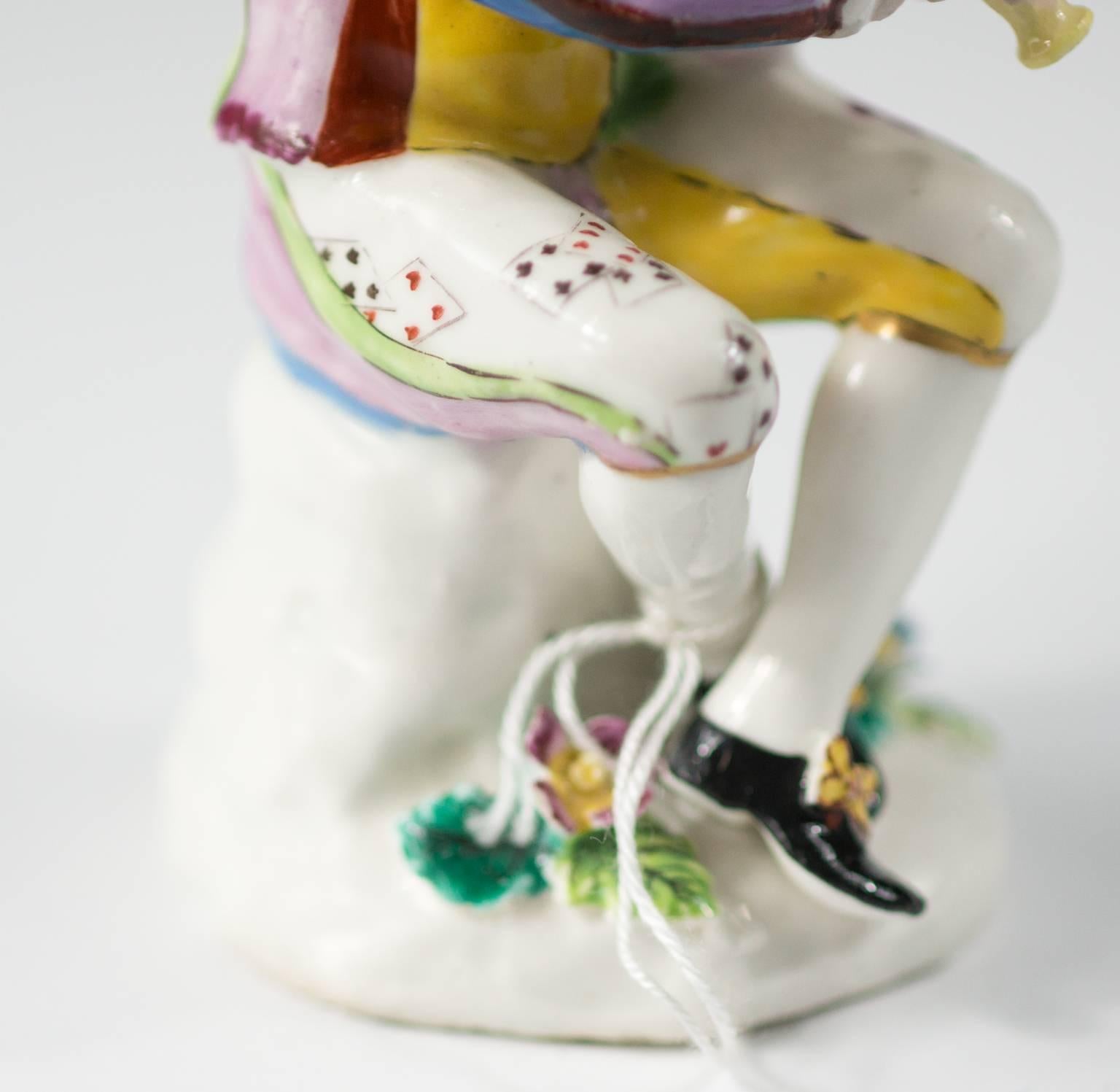 Porcelain Bow Figure of Harlequin Playing Bagpipes, circa 1765 For Sale