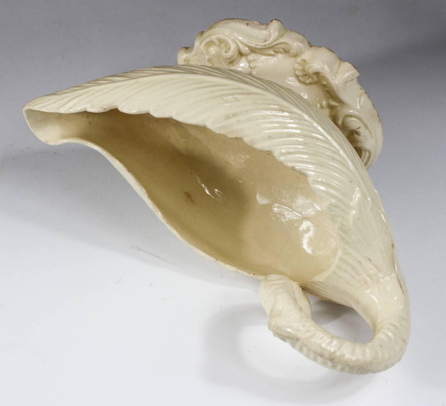 Pottery Creamware Sauceboat, Cos Lettuce and Rococo Scroll, circa 1760  For Sale