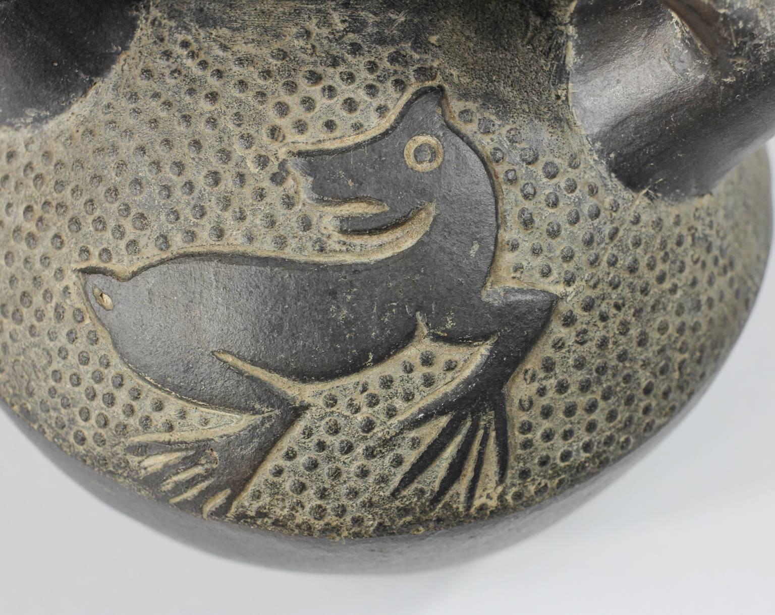 Pottery Chimu Blackware Stirrup Vessel, Warrior and Frogs, 12th Century