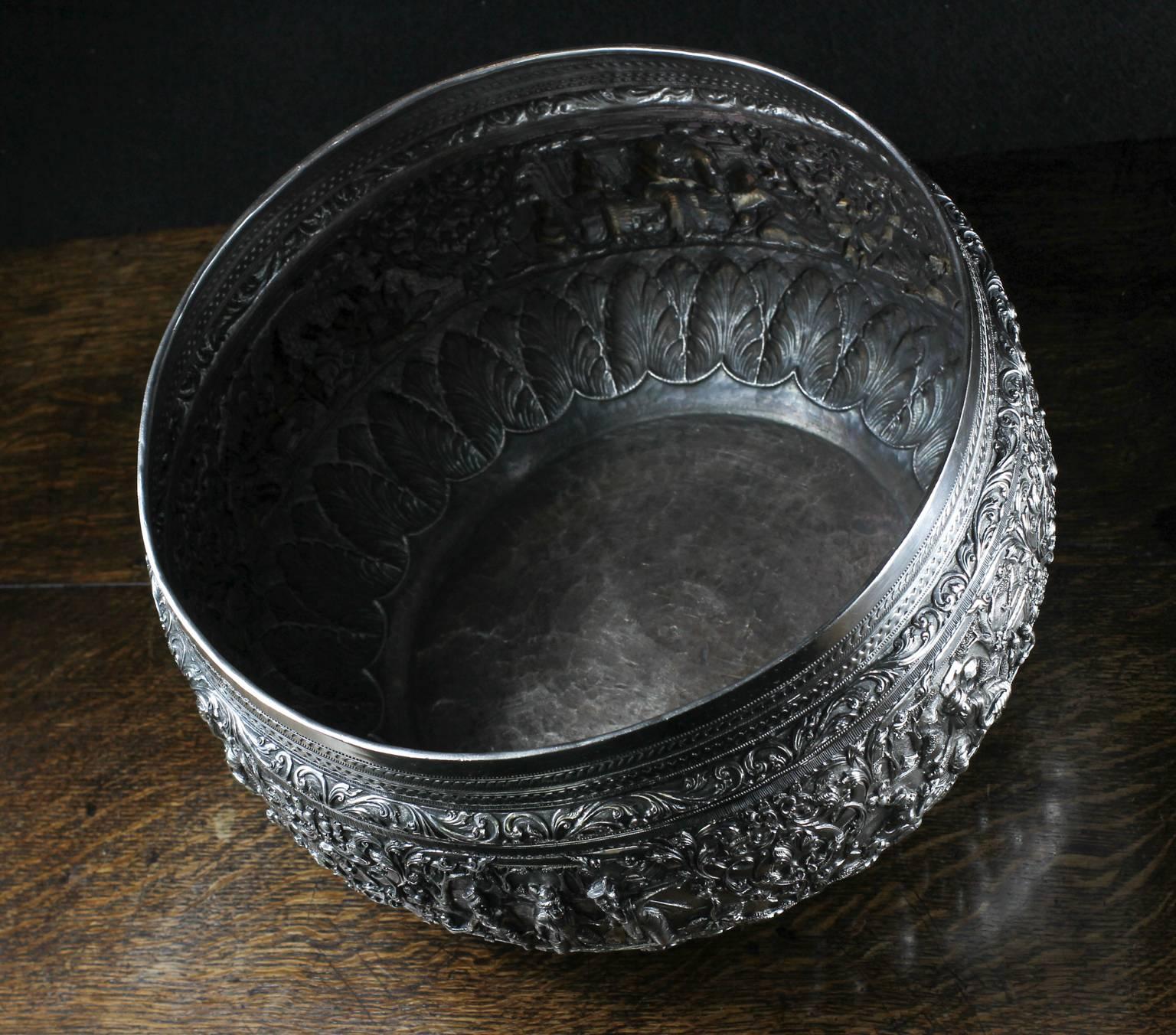 Repoussé Massive Burmese Silver Bowl, Detailed Scenes and Dedication Beneath, circa 1850 For Sale