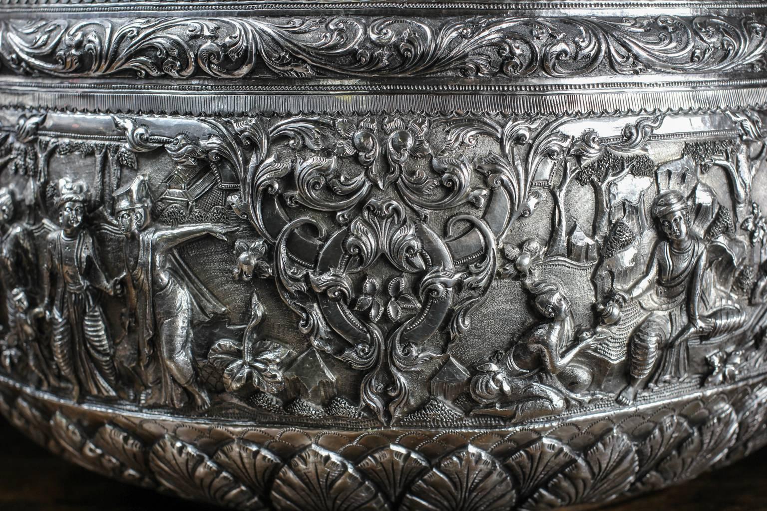 Mid-19th Century Massive Burmese Silver Bowl, Detailed Scenes and Dedication Beneath, circa 1850 For Sale