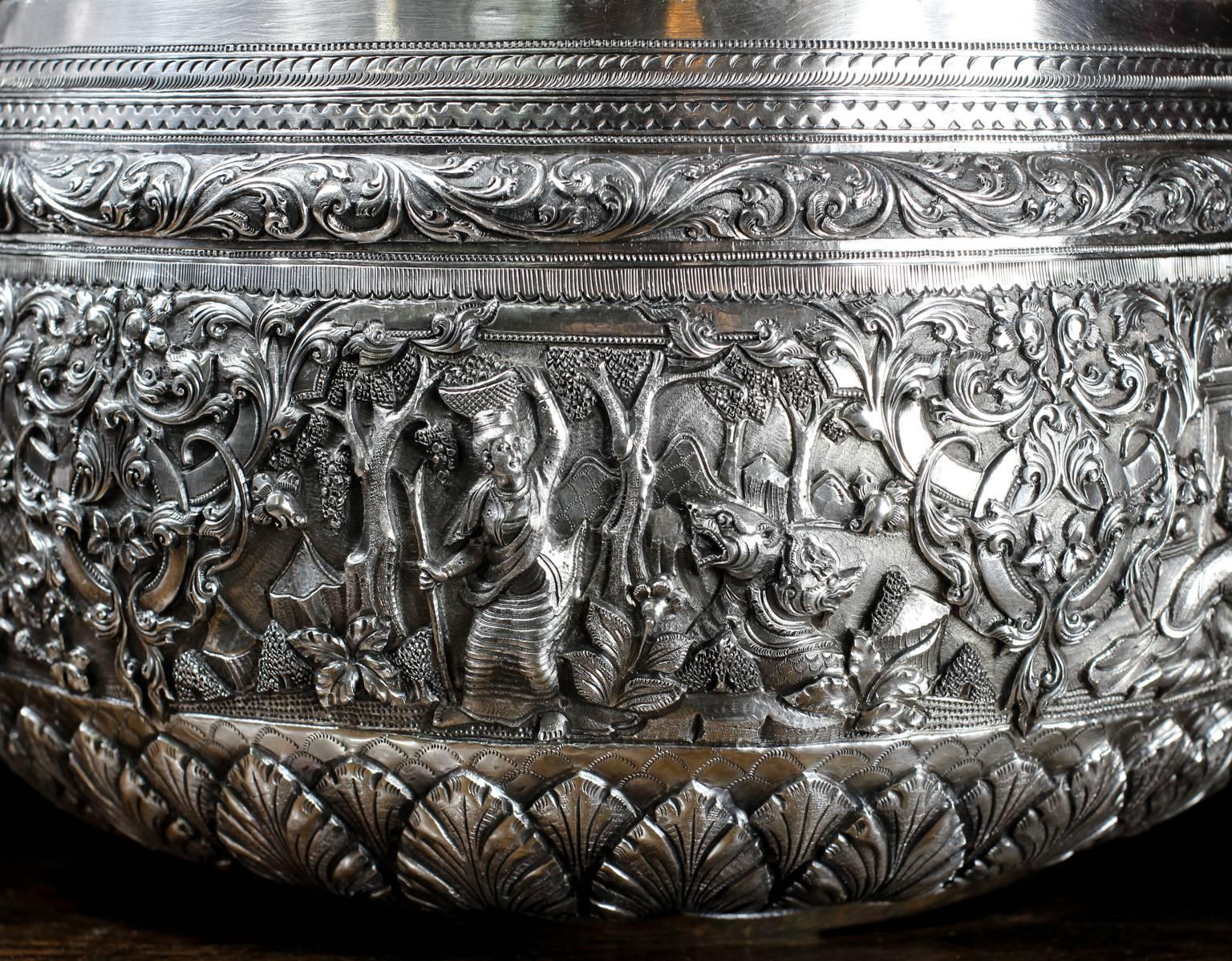 Massive Burmese Silver Bowl, Detailed Scenes and Dedication Beneath, circa 1850 For Sale 1