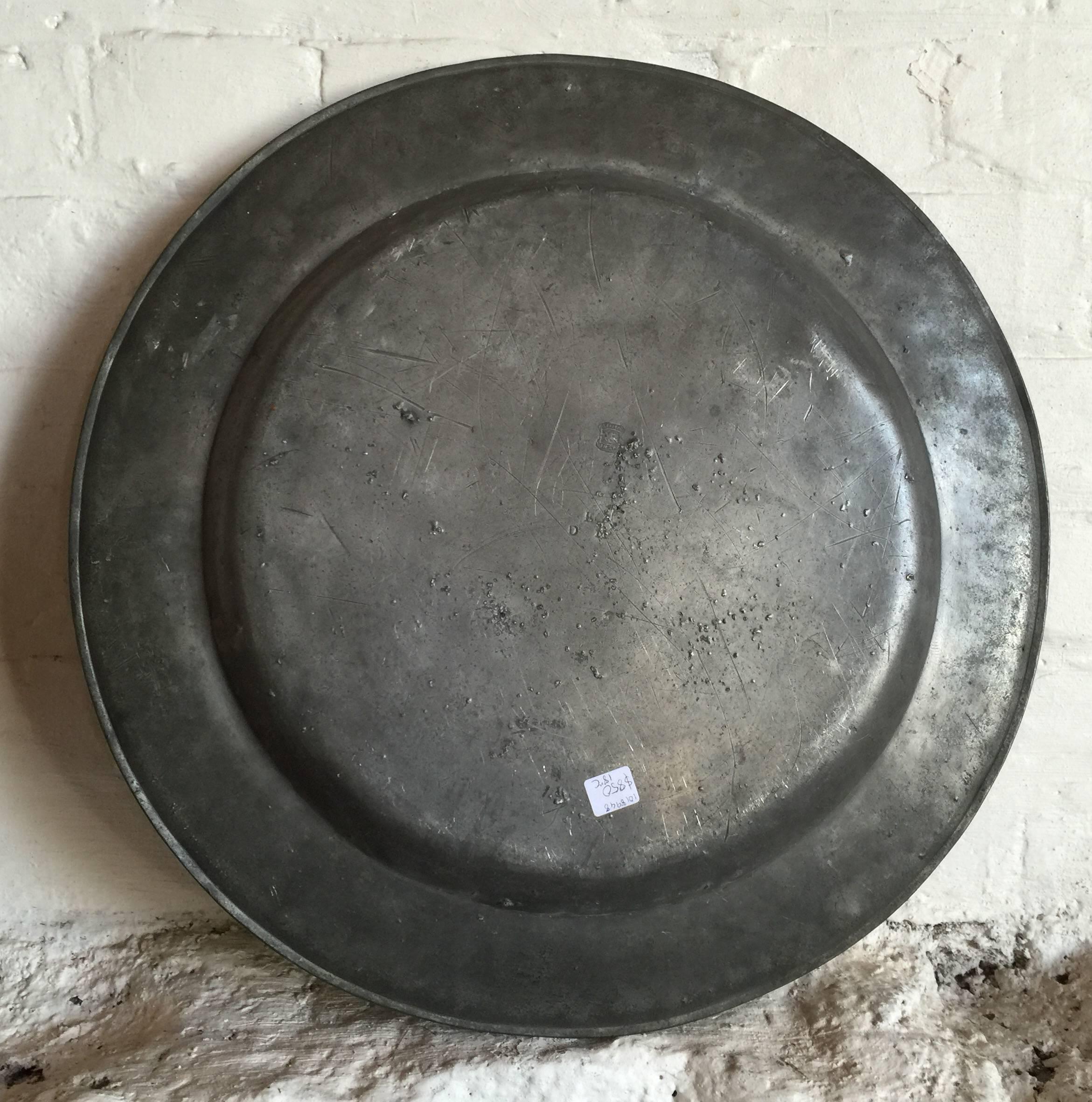 Large 18th century pewter charger, hall marked 