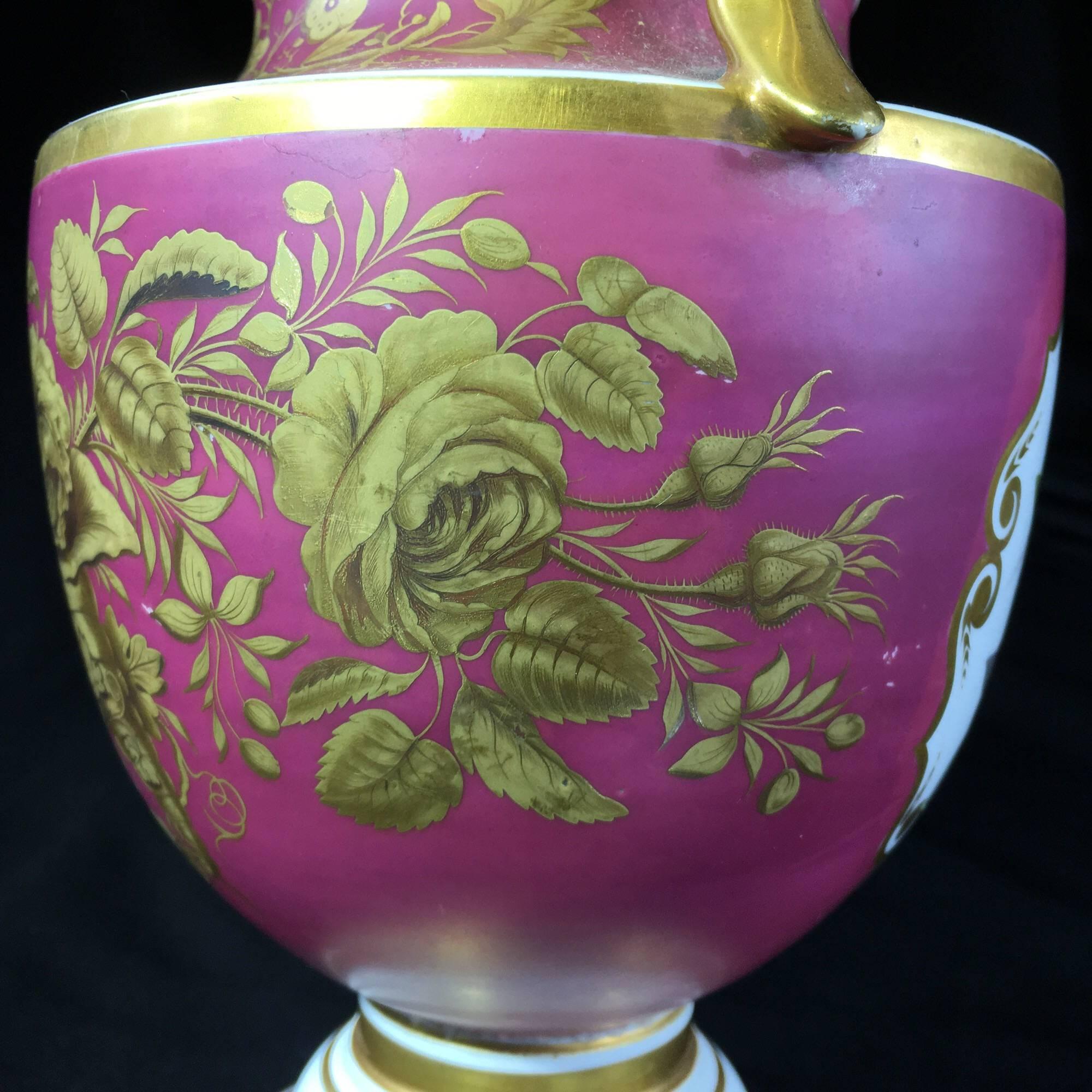 Porcelain Classical Vase with Superb Flower Panels Claret Ground, circa 1825 In Excellent Condition For Sale In Geelong, Victoria