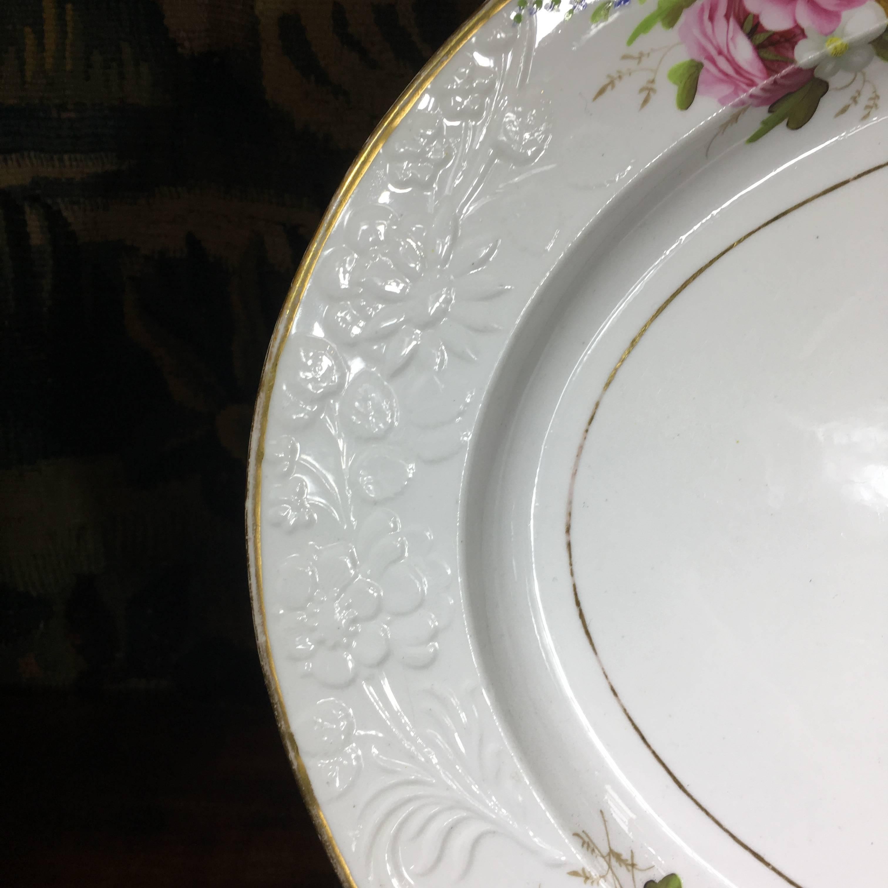 Early 19th Century Large Spode Oval Platter, Moulded and Painted Flowers, Pat. 1943, circa 1815 For Sale