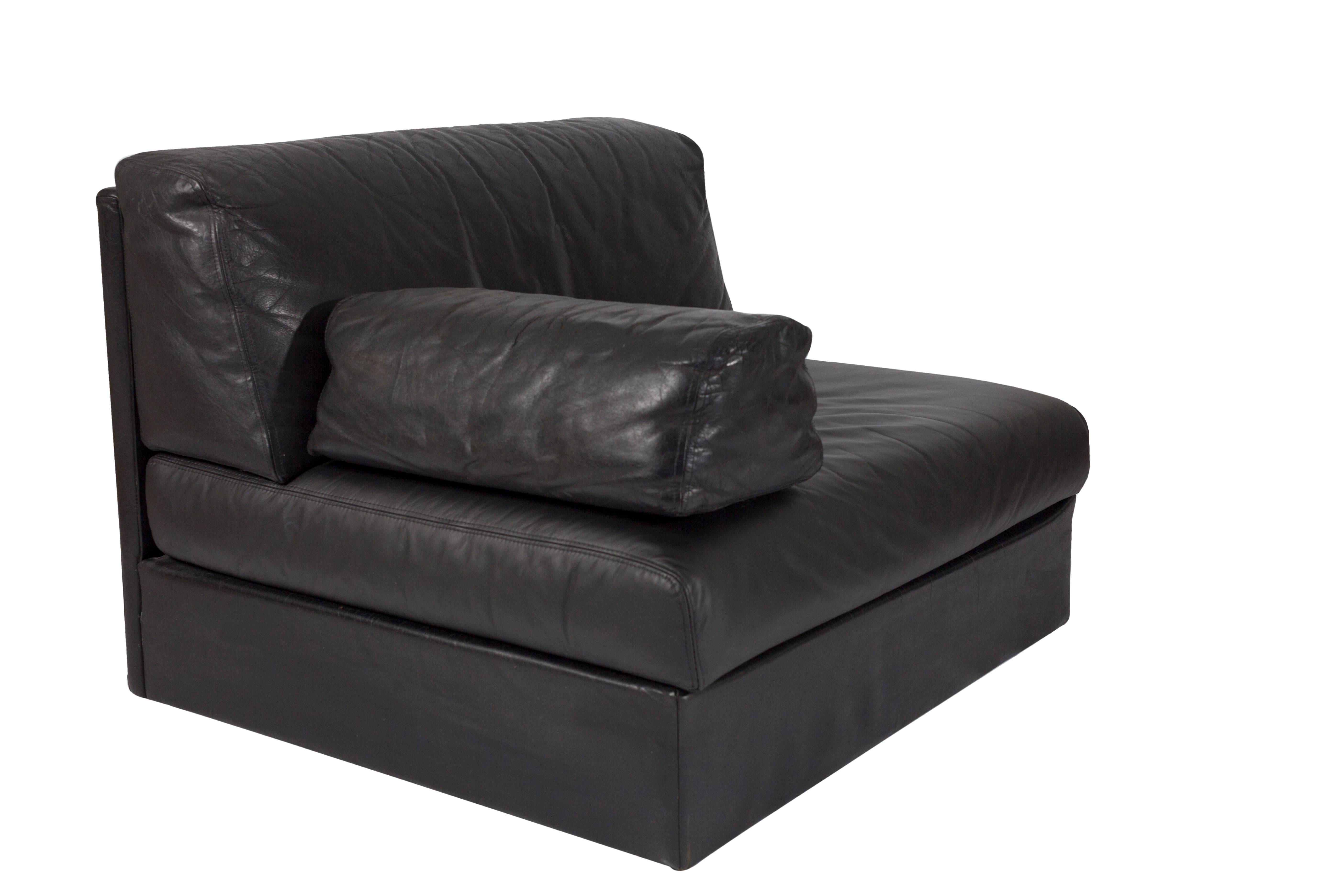 Wood Black Leather Sectional Sofa in the Style of De Sede