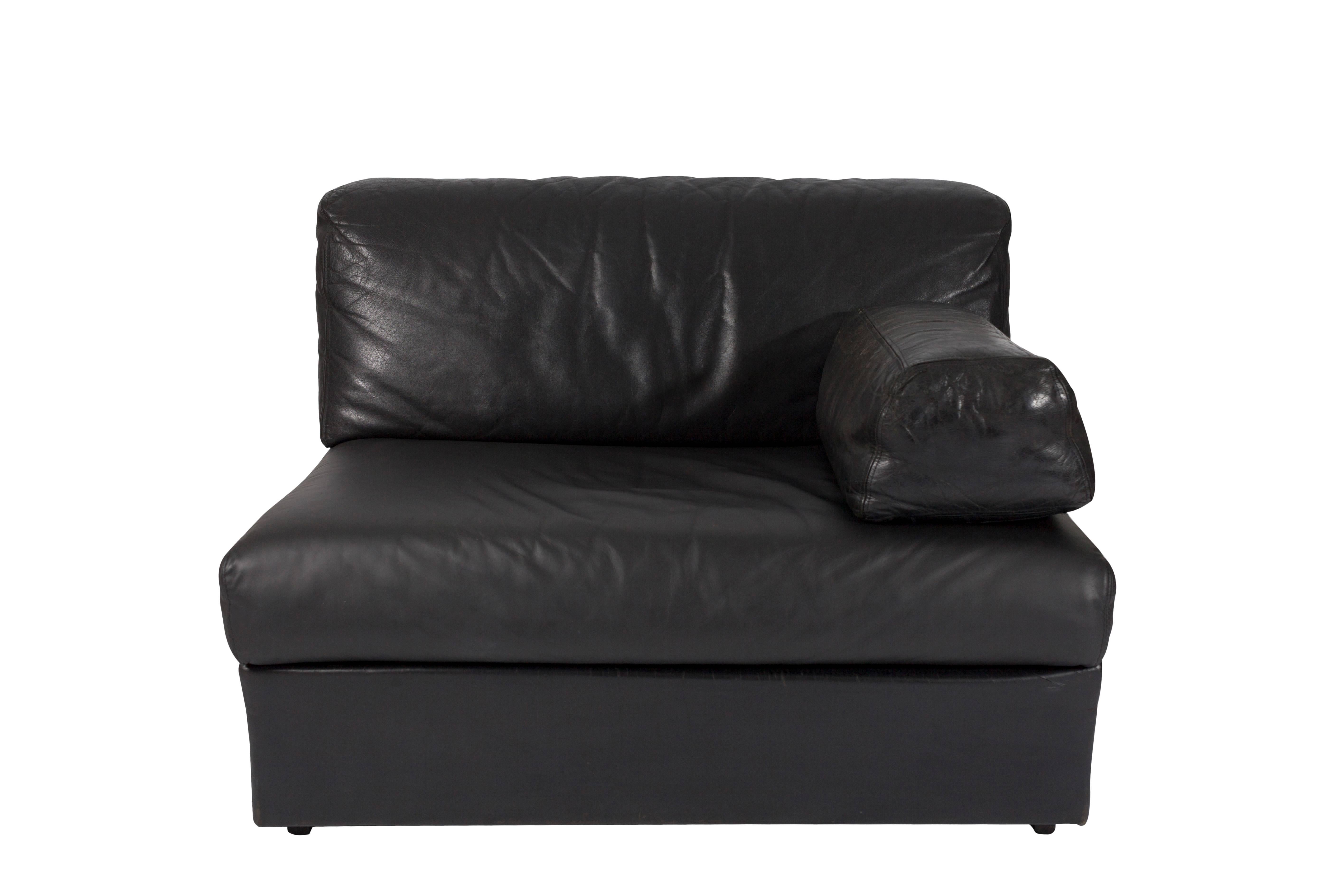 Mid-Century Modern Black Leather Sectional Sofa in the Style of De Sede