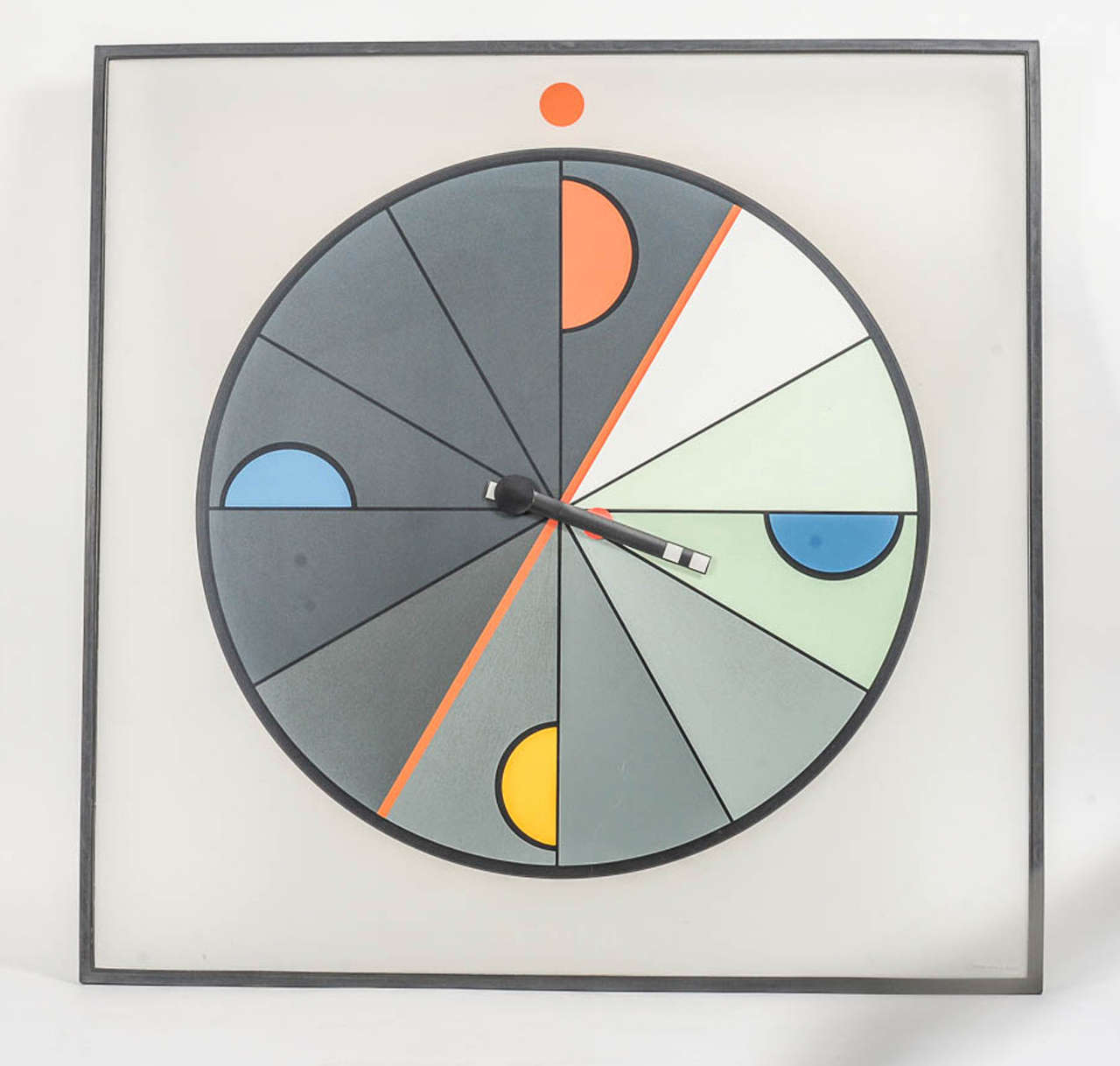 This outstanding abstract circular clock was designed by Kurt B. Delbanco in 1980 for Morphos.
Clock painted on a frame Lucite panel of 32 x 32 inches.
Battery operated.