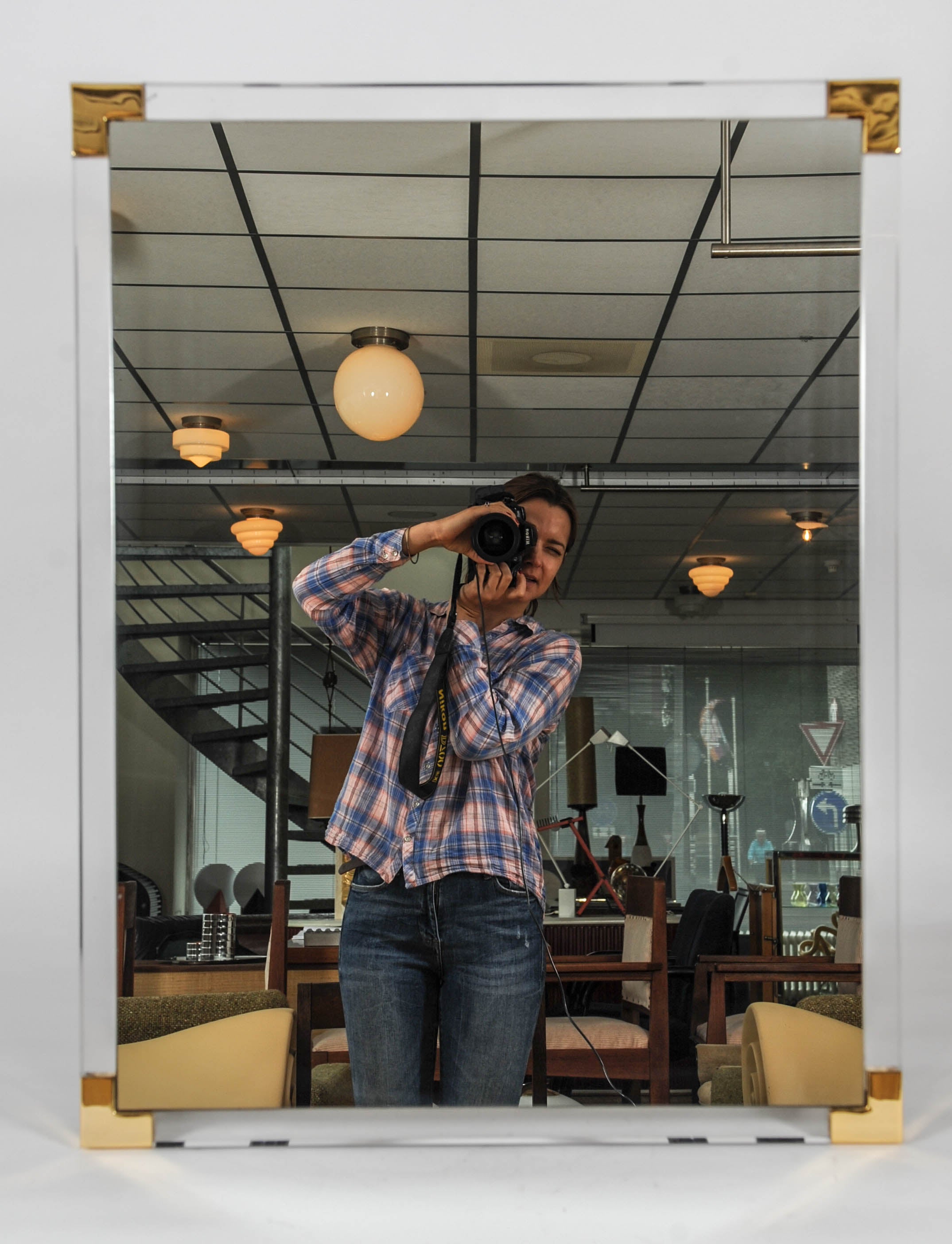 Lucite Framed Mirror with Brass Details