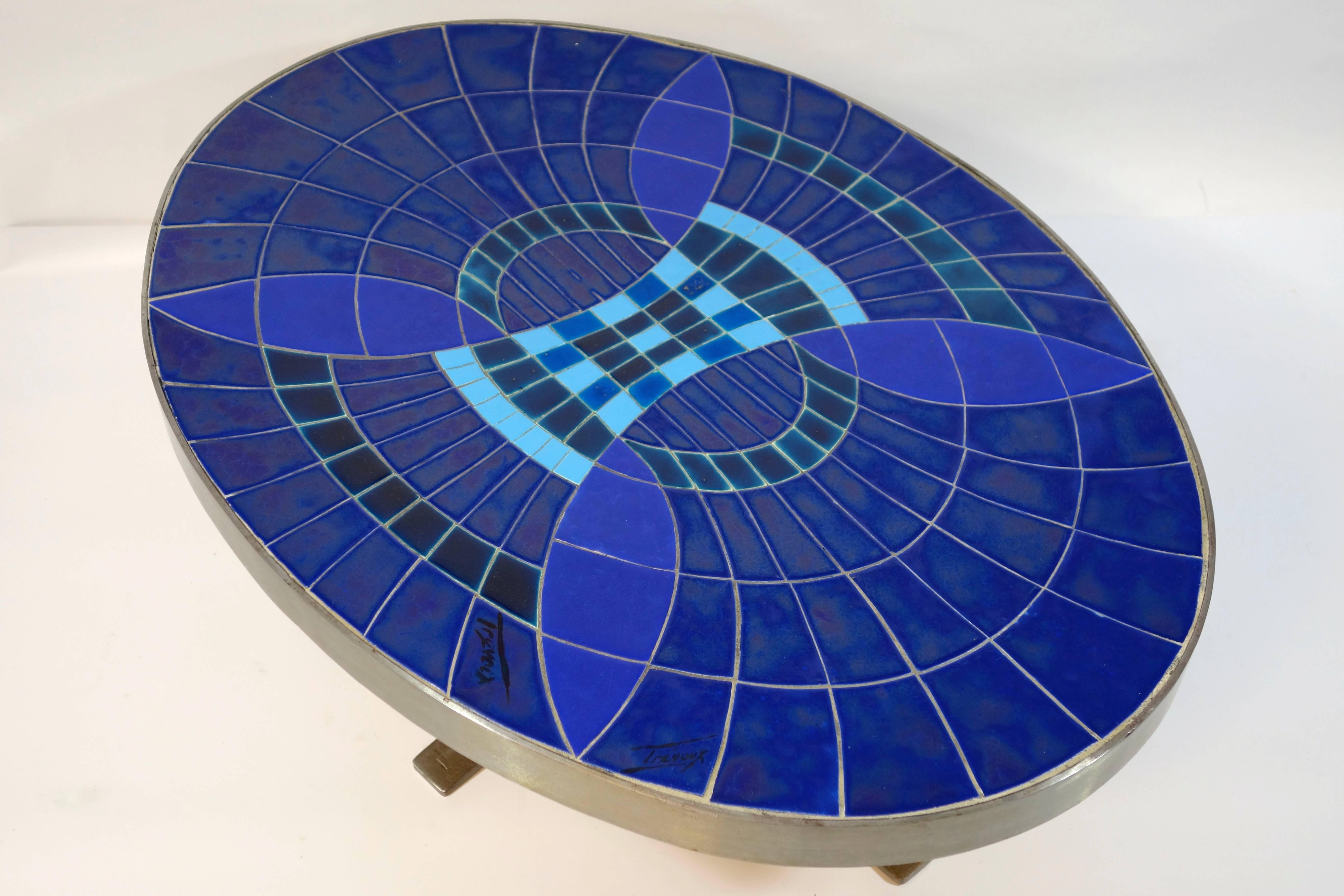 French Midcentury Oval Steel Frame Cocktail or Coffee Table with blue tiles Guy Trévoux For Sale