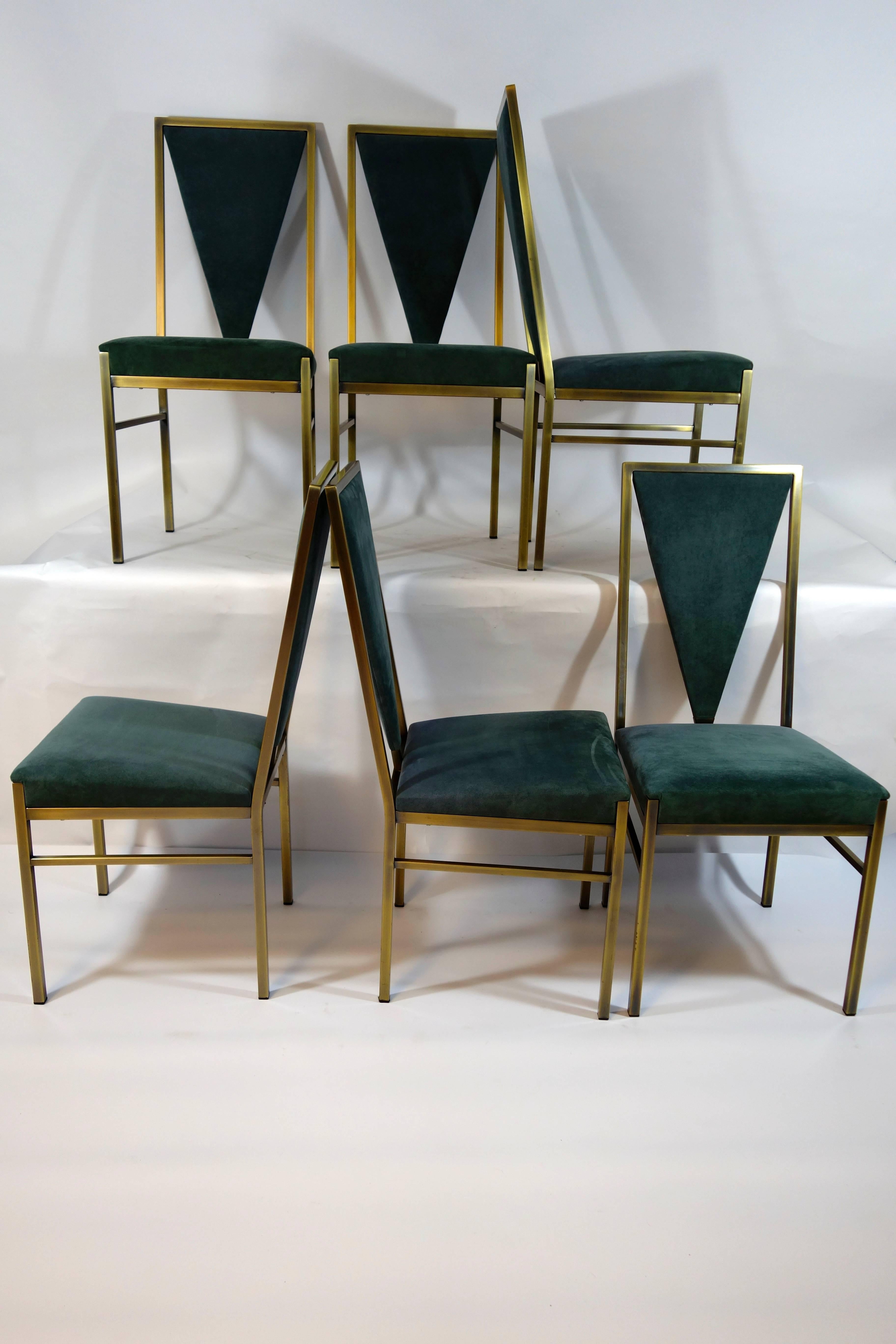 Set of six brass dining chairs with velvet upholstery by the Belgian house of Belgo Chrome.