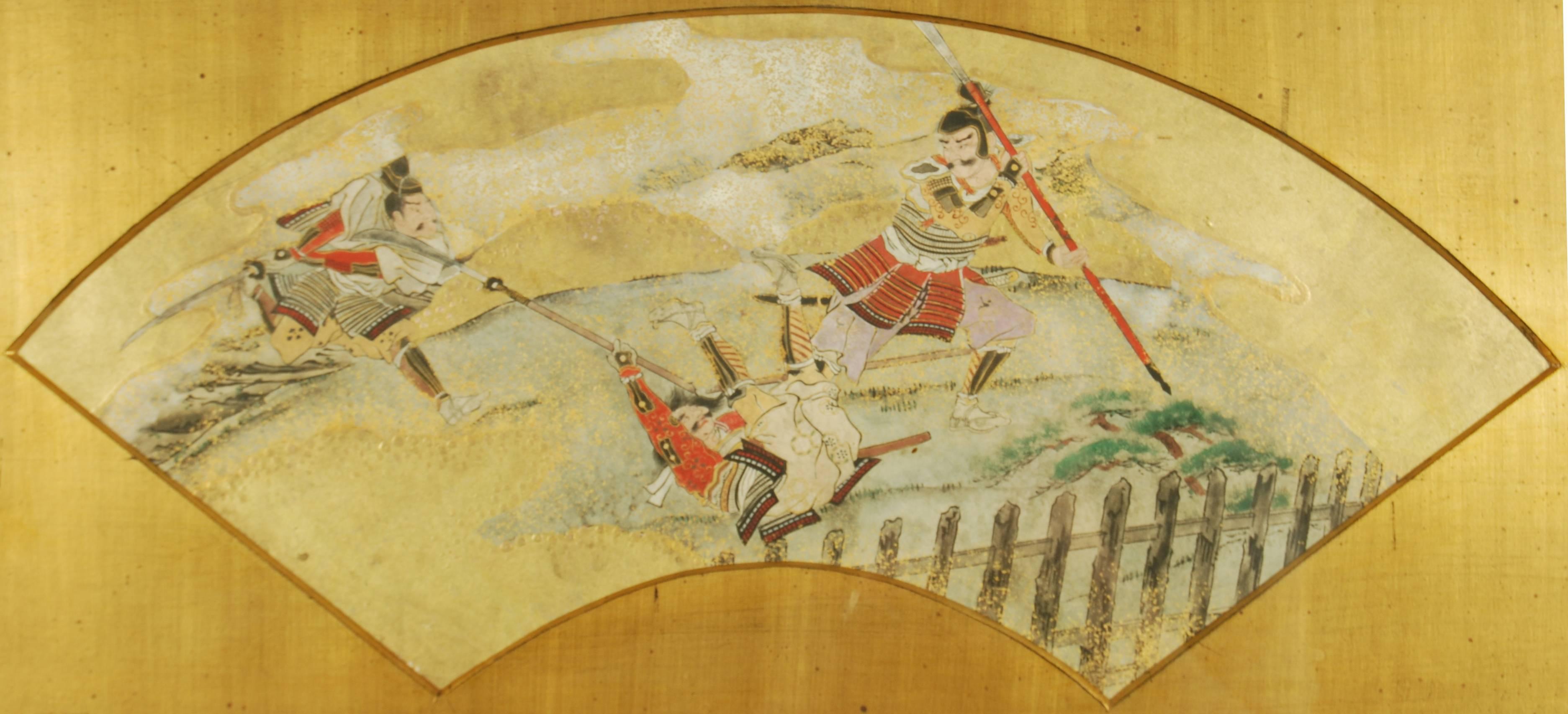Delicately painted Japanese fan painting with a depiction of samurai warriors engaged in battle, rendered in vibrant mineral pigments and gold leaf on paper with Fine detailing in the faces and elaborate armour costumes of the figures, middle Edo
