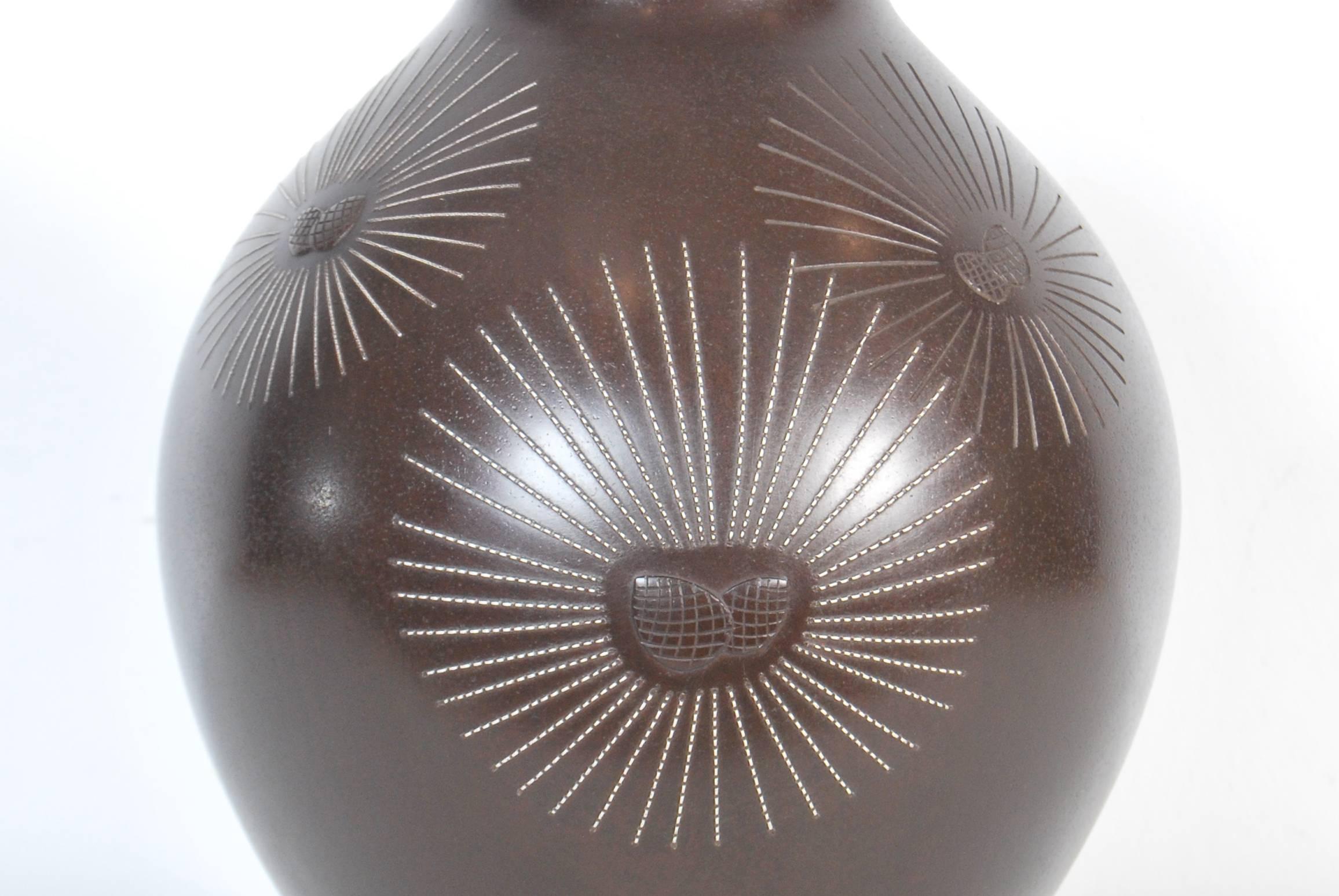 Vintage Japanese Bronze Vase with Silver Pine Needle Inlay, Taisho Period 1